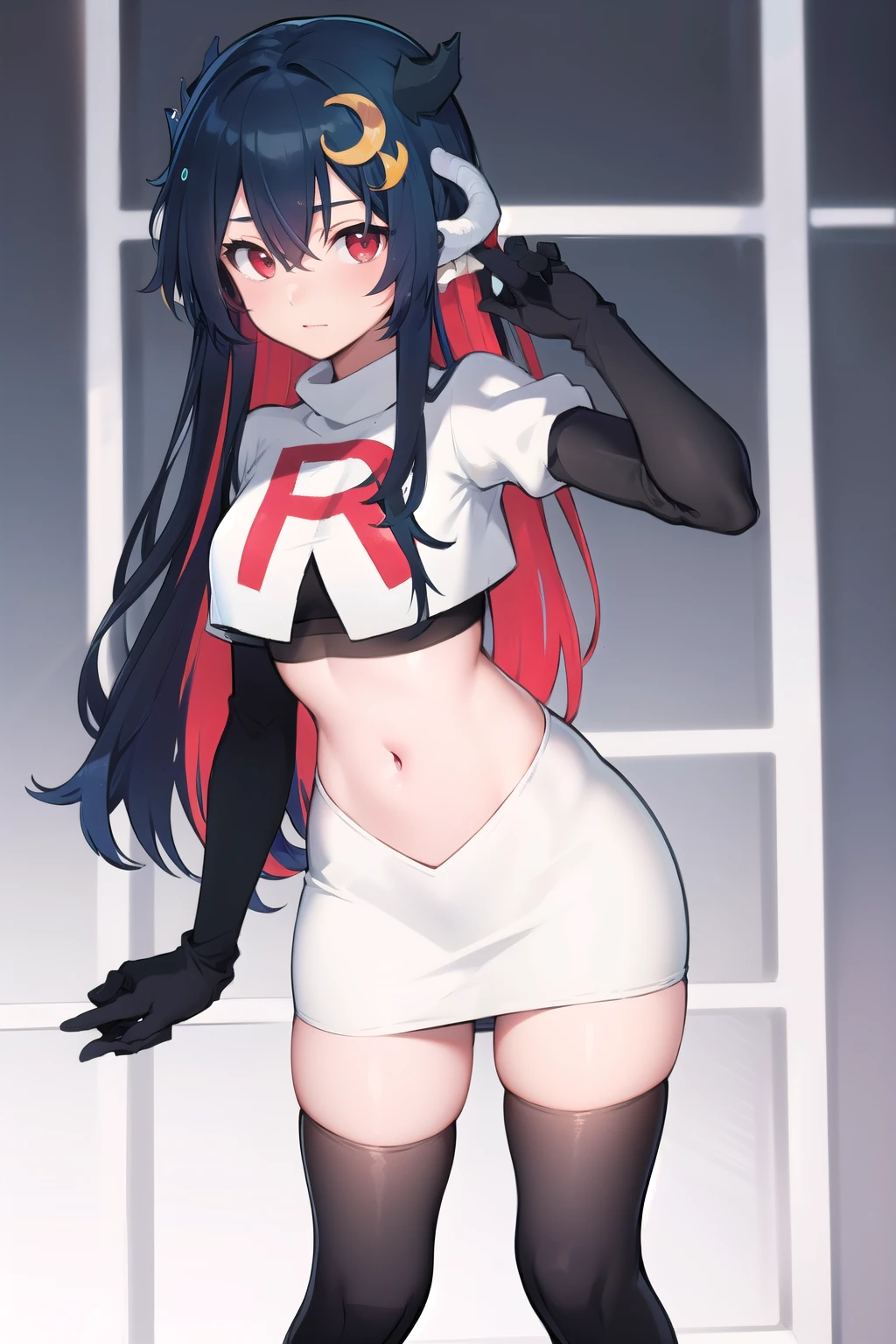 vienna (vtuber), 1girl, bangs, black hair, blue hair, crescent, crescent hair ornament, crossed bangs, dragon girl, dragon horns, gradient hair, hair between eyes, hair ornament, horns, long hair, looking at viewer, multicolored hair, red eyes, solo, standing, very long hair, team rocket,team rocket uniform,white skirt,red letter R,crop top,black thigh-highs,black elbow gloves
