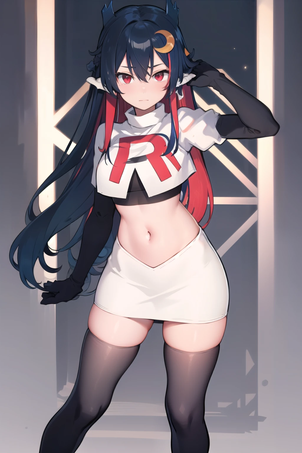 vienna (vtuber), 1girl, bangs, black hair, blue hair, crescent, crescent hair ornament, crossed bangs, dragon girl, dragon horns, gradient hair, hair between eyes, hair ornament, horns, long hair, looking at viewer, multicolored hair, red eyes, solo, standing, very long hair, team rocket,team rocket uniform,white skirt,red letter R,crop top,black thigh-highs,black elbow gloves
