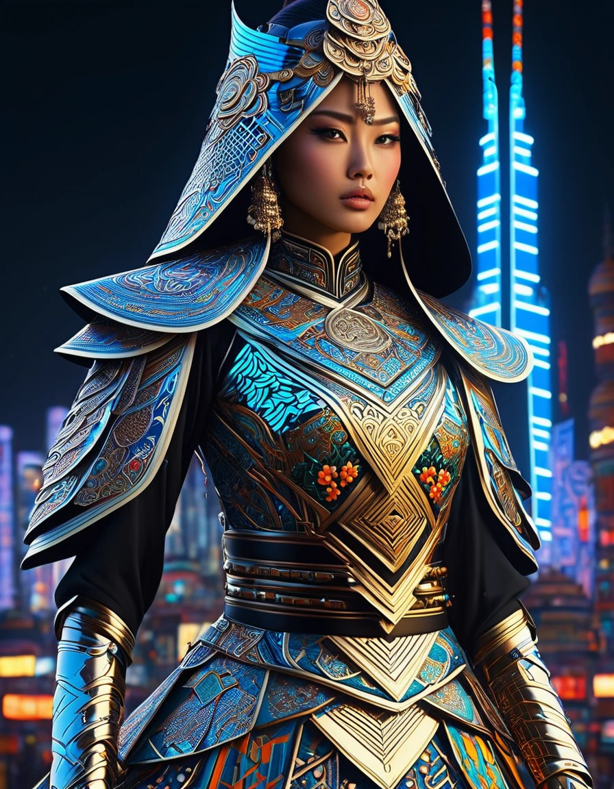 (high quAlity), (mAsterpiece), (detAiled), 8K, Hyper-reAlistic digitAl illustrAtion depicts (JApAnese wArrior princess1.3) Adorned in (intricAtely embroidered fAntAsy Attire1.2) inspired by MoroccAn And TunisiAn culturAl heritAge. she (futuristic Armor1.2) glimmers with A metAllic sheen, 而she的 (vibrAnt hAir1.2) flows like A river of night. In the bAckground, A (neon-lit cityscApe1.2) blends trAditionAl IslAmic Architecture with modern skyscrApers. In the style of Ash Thorp, trending on DeviAntArt.