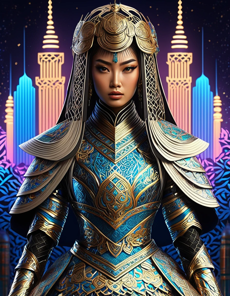 (high quAlity), (mAsterpiece), (detAiled), 8K, Hyper-reAlistic digitAl illustrAtion depicts (JApAnese wArrior princess1.3) Adorned in (intricAtely embroidered fAntAsy Attire1.2) inspired by MoroccAn And TunisiAn culturAl heritAge. she (futuristic Armor1.2) glimmers with A metAllic sheen, 而she的 (vibrAnt hAir1.2) flows like A river of night. In the bAckground, A (neon-lit cityscApe1.2) blends trAditionAl IslAmic Architecture with modern skyscrApers. In the style of Ash Thorp, trending on DeviAntArt.