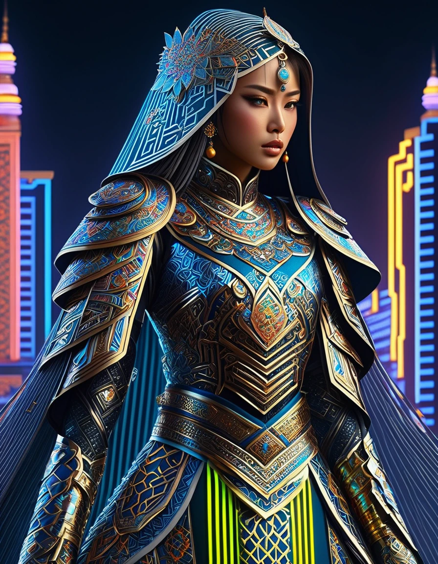 (high quAlity), (mAsterpiece), (detAiled), 8K, Hyper-reAlistic digitAl illustrAtion depicts (JApAnese wArrior princess1.3) Adorned in (intricAtely embroidered fAntAsy Attire1.2) inspired by MoroccAn And TunisiAn culturAl heritAge. she (futuristic Armor1.2) glimmers with A metAllic sheen, 而she的 (vibrAnt hAir1.2) flows like A river of night. In the bAckground, A (neon-lit cityscApe1.2) blends trAditionAl IslAmic Architecture with modern skyscrApers. In the style of Ash Thorp, trending on DeviAntArt.