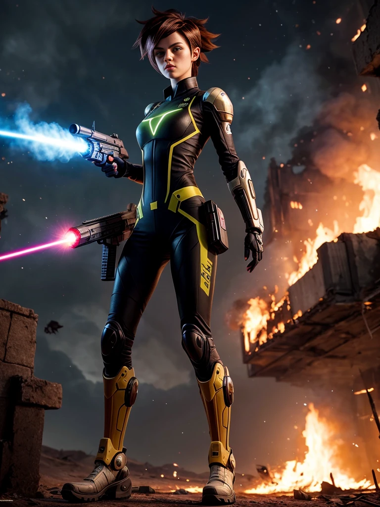 original photo, Russian girl 18 years old , Pretty Face, Beautiful facial features, Sweaty face, Dirty long blonde hair, Windswept hair, Wearing pure rainbow-colored transparent futuristic armor, , Set in a desolate post-apocalyptic setting, Action poses, Holding a futuristic laser rifle aiming forward and shooting, Destroyed buildings, Burnt chariot, Tracer bullets appear in the background, Depressing atmosphere, night, Photo realism, Sharp focus, fall out, Science fiction, Scenes,