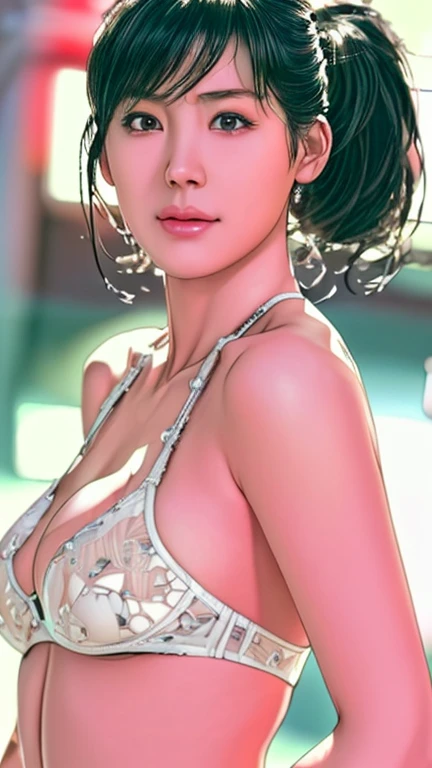 One girl, ((woman)), (Age 25:1.3), (Japanese, Cool Beauty:1.2), (Photorealistic, Perfect Anatomy:1.3), (Super detailed, masterpiece:1.2), highest quality, RAW Photos, Exquisite, beautiful, ((Cowboy Shot)), Sharp focus, Depth of written boundary, Blur the background, Bokeh, Lens flare, Ray Tracing, Cinema Lighting, ((Big Breasts)), Underbust, halter neck lace underwear, Sexy pose, Half-laugh, Medium Hair, Downward ponytail, Black Hair