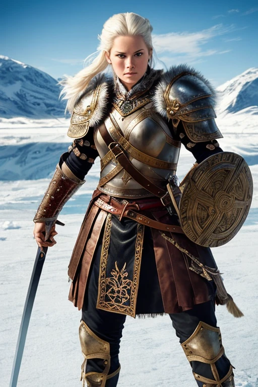 female viking warrior queen, white hair, Intense eyes, historically correct leather armor with sparse celtic ornamentic applications, jumping at You wielding one sword, dramatic full body actionshot, ice scenery, perfect beautiful face, detailed, coherent, symmetry, intricate, complex, highly enhanced, professional, creative, amazing, attractive