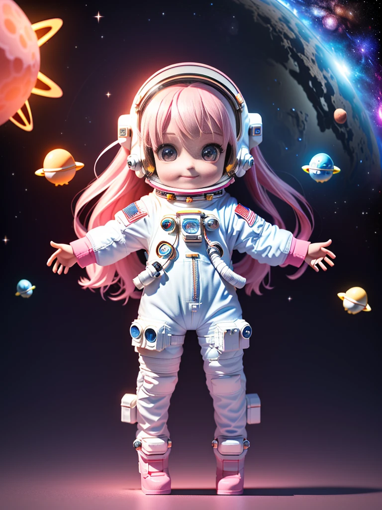 Super cute girl full body 3D drawing,1,Nice eyes,big eyes,Lovely,having fun,c4d,Matte blind box,Long pink hair,Glowing bubbles,Toy,Solid color background,tRed Cliff,Fluorescence transmission,illuminator, Kawaii,,(((astronaut,Space suit))),Reference table,Bubble Mart Blind Box,Pixar,intricate details,3D Rendering,Blender,overclocked renderer,fol body Reference table,Dribbling,High Detail,8K,Studio Lighting,,,,Red Cliff , SD Role：1.1，Magic Space Silo Background,（Wearing a glass oxygen mask on his head）（Full body portrait）Smile