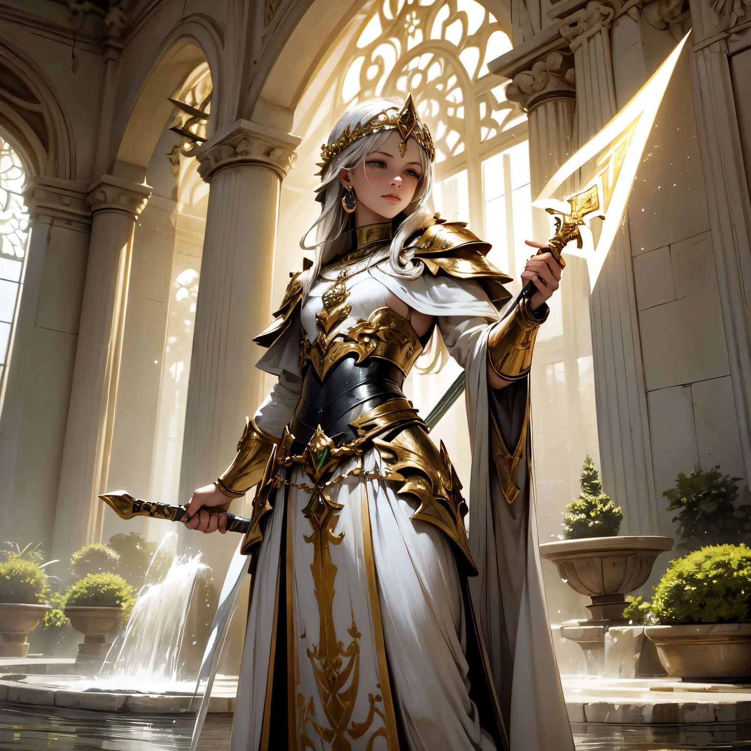 Create an 8K ultra HD digital image of a noble mystical blonde-haired Seraphin warrior, longos e cacheados, vestido com trajes de batalha da realeza, no jardim de inverno do castelo. O guerreiro tem olhos verdes claros e pele morena. He is dressed in moss green velvet armor with silver and gold trim., Adorned with magical jewels that glow softly. Ele usa uma coroa de prata com pedras preciosas, silver bracelets on her wrists and a magical amulet around her neck. No jardim de inverno, o guerreiro empunha a Espada de Zeus. The sword is made of celestial gold and emits golden rays, with divine inscriptions along the blade that shine brightly. The hilt of the sword is adorned with small rays and lightning., simbolizando seu poder supremo. Ele segura a espada em uma pose de defesa, ready to protect the natural refuge, while electric sparks dance around you. The Sword of Zeus is known for its ability to control thunder and lightning, e uma aura de poder divino emana dela. The winter garden is a charming space with exotic plants, colorful flowers and a small water fountain. Grandes janelas de vidro permitem a entrada de luz natural, criando um ambiente de paz e serenidade. Caminhos de pedra serpenteiam pelo jardim, offering peaceful places for contemplation. A imagem deve capturar a beleza e a tranquilidade do jardim de inverno, highlighting the warrior&#39;s interaction with the Sword of Zeus.