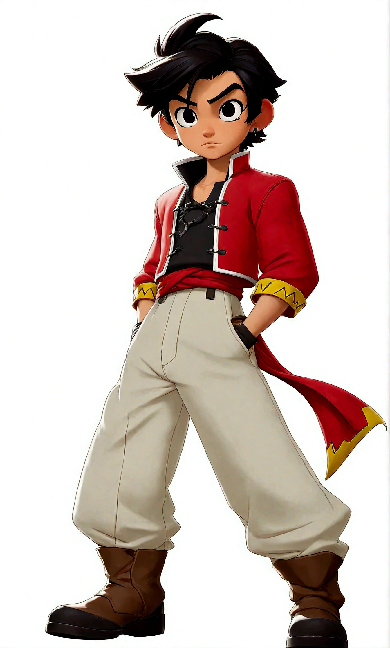 solo, looking at viewer, smile, simple background, black hair, 1boy, white background, standing, full body, ahoge, male focus, boots, pants, black footwear, black eyes, thick eyebrows, hands on hips, bandana