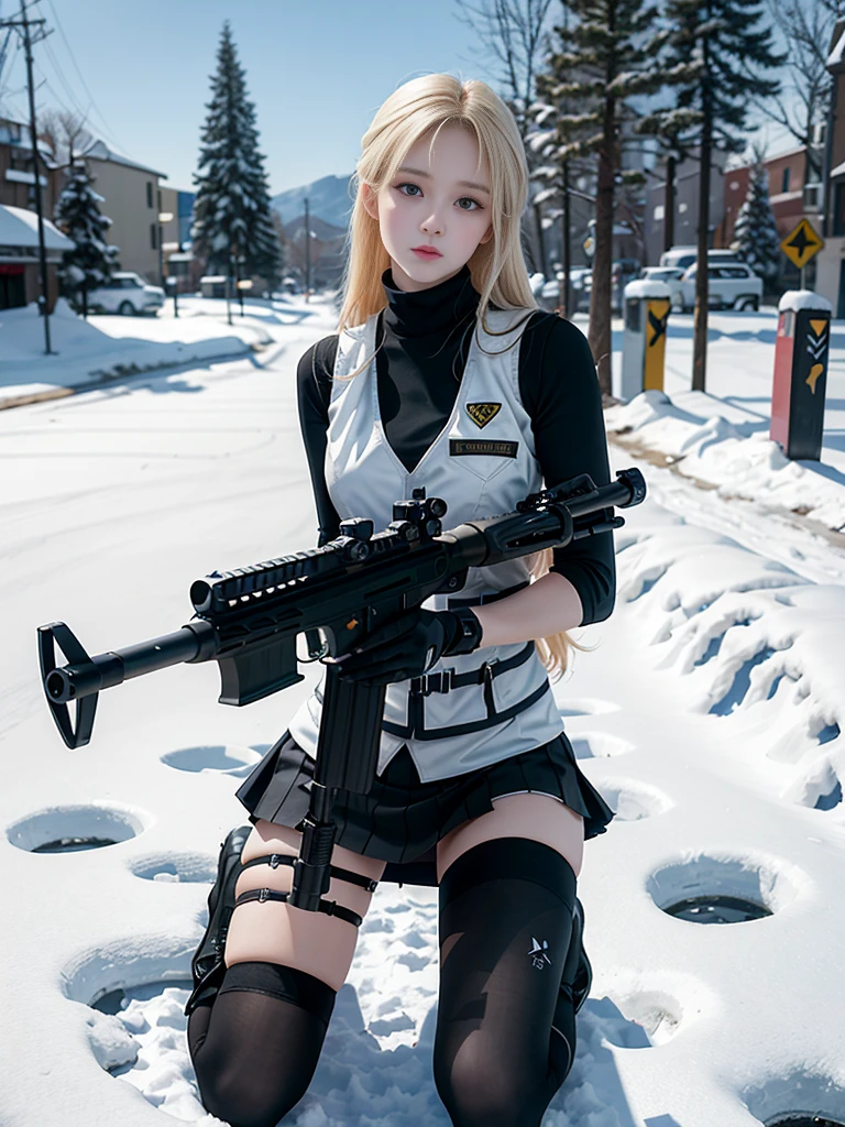 ((best quality)), (masterpiece), Reality, Photorealism, A girl kneels and takes aim with an ault rifle, mini skirt, (thigh), Reality, high resolution,Snow background, Looking at the camera, (Delicate face), blond, Vest, gun, Jewelry,Black gloves,, Finger is blocked