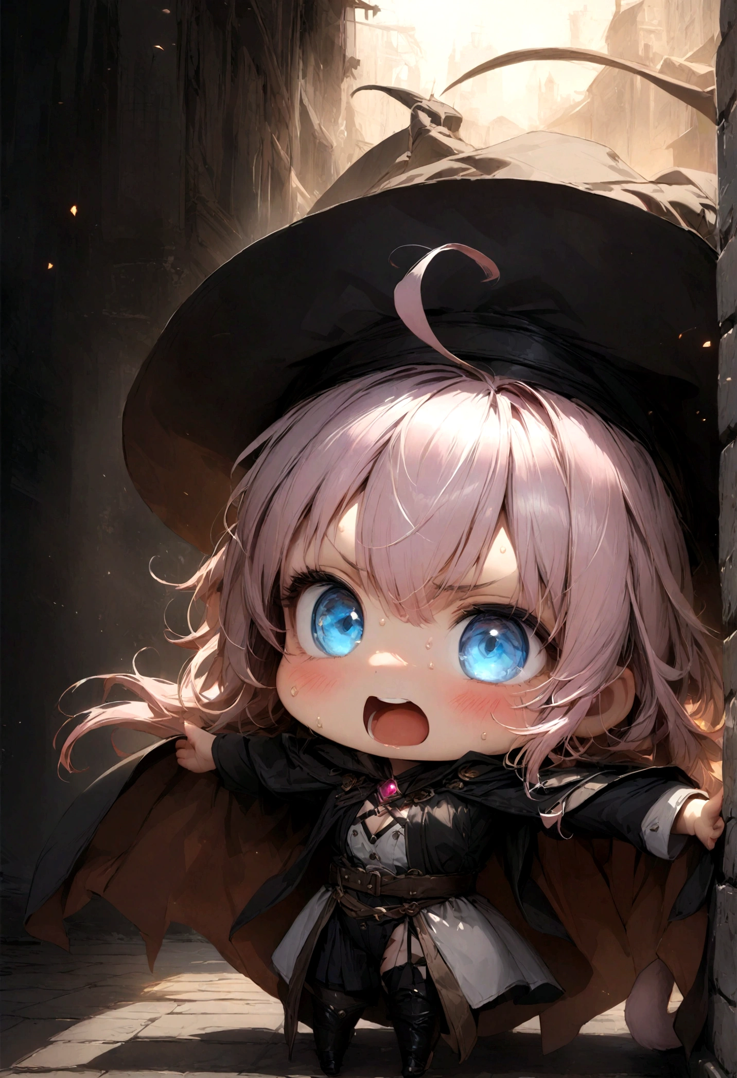 (((Top quality, 4k, 8k, high resolution, masterpiece: 1.2))), (super detailed), (realistic), (photorealistic), (photorealistic: 1.37), (HDR, UHD), (studio (lighting)), ultra-fine drawing, sharp focus, physically based rendering, highly detailed, professional, vibrant colors, perfect ditaile hand, highly detailed realistic eyes,
(((Panorama, Aerial view, Distant view))),
(((standing by brick wall))),
(chibi:1.3), chibi, Super deformed character, 1girl, solo, cute, young, kawaii,
handsome female witch, beautiful witch,
wizard's hat, wizard's tricorn hat, cat tail,
(mouth open, (mouth wide open), screaming),
pink hair, short fine hair, bangs, hair between eyes, hair ornament, ahoge, v-shaped eyebrows,
surprised face, blushing, sweat, heavy sweating,
blue eyes, no pupils, looking at viewer,
arms wide open, legs wide open,