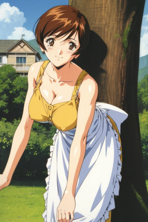 etsukoto, 1girl, solo, yellow dress, sleeveless dress, apron, smile, looking at viewer, outdoors, day, waist apron, shiny, blush, sky, collarbone, house, closed mouth, tree, standing, retro artstyle, 1990s (style), leaning forward