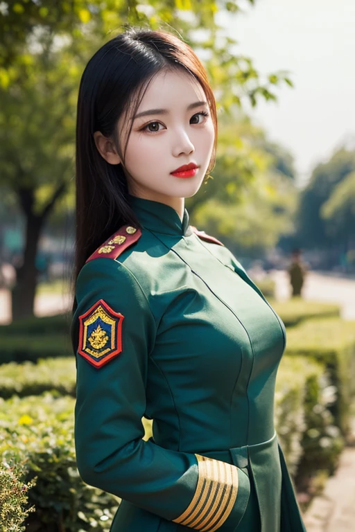 cowboy shot, (((Vietnamese beautiful girl soldier))), red lips, wearing military uniform,looking directly at the camera,female, with a clean and neat appearance in a green garden, 