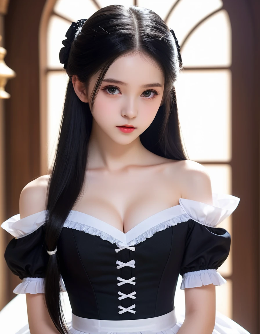 A girl ,Pale skin,Very long hair, Black straight hair. Large target、black eyes , With a strong and mysterious expression. Dressed in orphan clothing style, More elegant and refined, Something that matches her mysterious and strong personality. Comprehensive, Her presence will attract attention, Attract curious and inquisitive eyes. light, Chromatic Aberration, Backlight, masterpiece, High Detail, high quality, 4k.(breast),Off-shoulder,Sleeveless,No underwear,Sexy pose,blush,Perfect makeup,Surrealism,Kodak Photography,White maid outfit