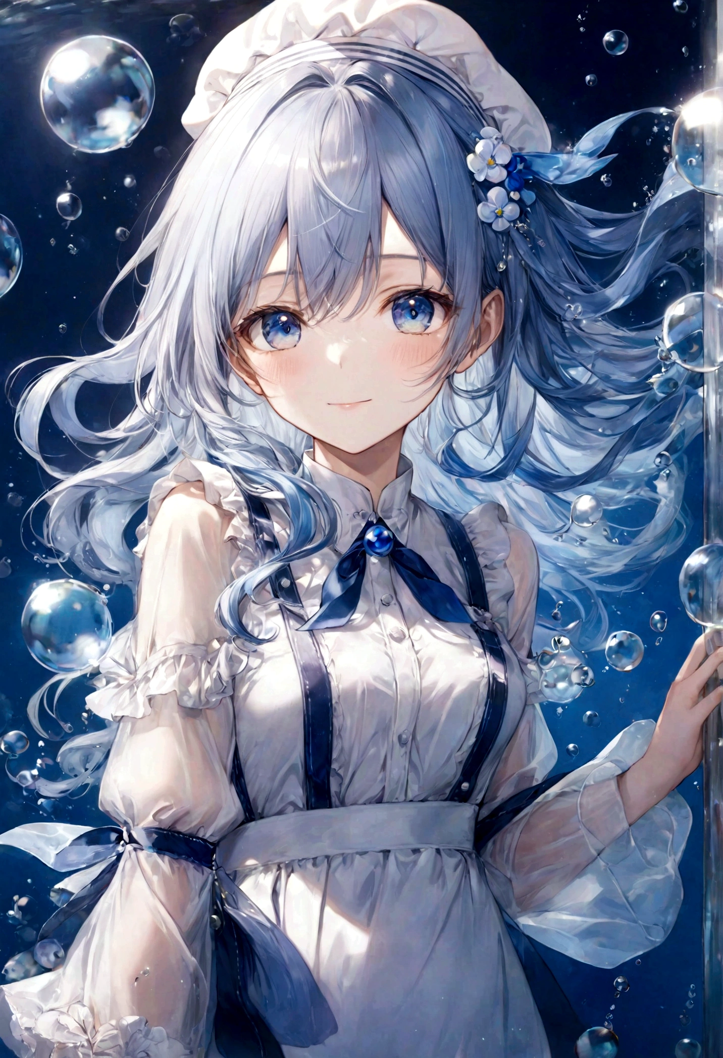 (superior quality)), ((chef d&#39;oeuvre)), ((ultra-detailed)), (extremely delicate and beautiful), cheveux bleu ciel brillant, cheveux aqueux, yeux saphir brillants, peau claire, belle femme, chemise blanche transparente, short bleu marine transparent et soyeux, collants, cravates en ruban bleu marine, décorations de perles, sous-marin world, Fond froid, Des bulles d&#39;air, bulles d&#39;eau, sous-marin, doux sourire, relaxed expression, delicate long wavy hair, fleurs bleues et blanches dans l&#39;eau