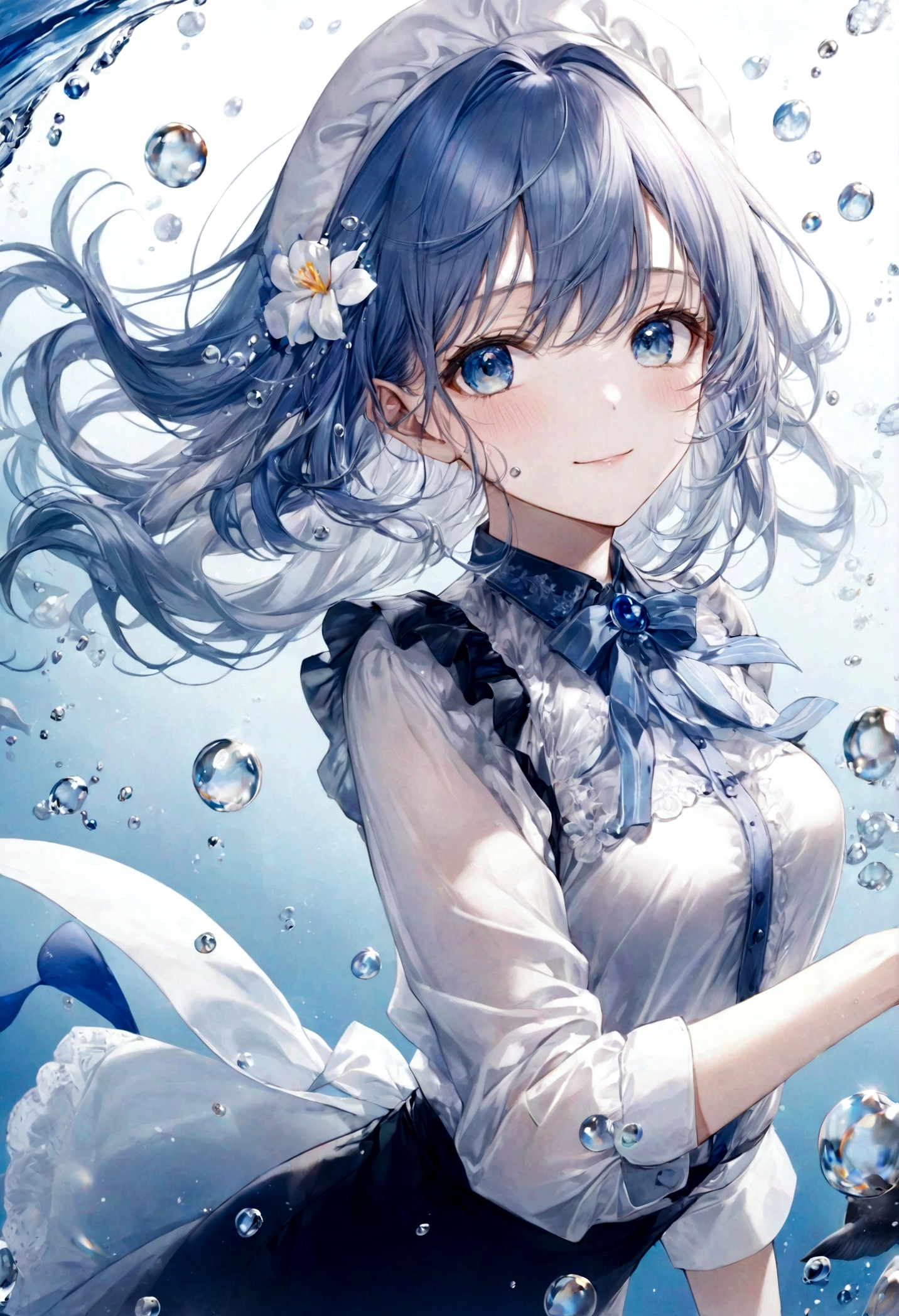 (superior quality)), ((chef d'oeuvre)), ((ultra-detailed)), (extremely delicate and beautiful), cheveux bleu ciel brillant, cheveux aqueux, yeux saphir brillants, peau claire, belle femme, chemise blanche transparente, short bleu marine transparent et soyeux, collants, cravates en ruban bleu marine, décorations de perles, sous-marin world, Fond froid, Des bulles d'air, bulles d'eau, sous-marin, doux sourire, relaxed expression, delicate long wavy hair, fleurs bleues et blanches dans l'eau