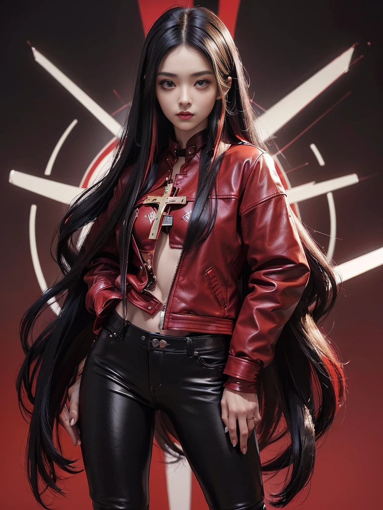 (best quality,4k,high resolution), Cool Girl、((Long straight black hair with red highlights、Red Jacket,Beautifully decorated、Umbilicus、Cross straps、Tight leather pants、))、Full body projection、Buttons、Battle scenes、Sharp eyes、glare、Red Eyeliner、Long eyelashes、Beautiful red eyes、Funny description、Kawaii illustration、Bustling background、