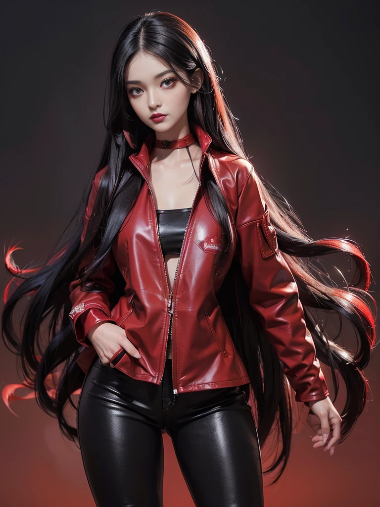 (best quality,4k,high resolution), Cool Girl、((Long straight black hair with red highlights、Red Jacket，Beautifully decorated、Umbilicus、Cross straps、Tight leather pants、))、Full body projection、Buttons、Battle scenes、Sharp eyes、glare、Red Eyeliner、Long eyelashes、Beautiful red eyes、Funny description、Kawaii illustration、Bustling background、