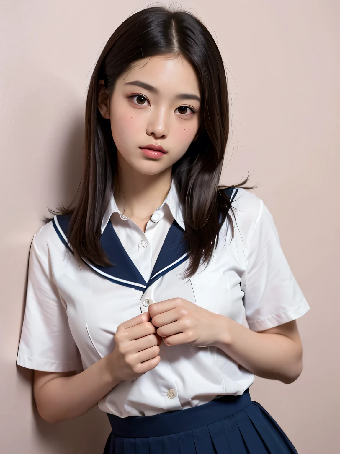 (masterpiece:1.3)、8k,Very fine finish、(High resolution、8k:1.3)、highest quality、Beautiful Hands、Beautiful Hands指、(Ultra-realistic as a photo:1.3), Ultra High Resolution Face、The face is in focus、Ultra high definition and beautiful eyes、(Concentrated eyes:1.3)、(Eyes are symmetrical:1.3)、High quality and beautiful skin、Firm Skin、Natural Makeup、Gloss lips, Ultra HD Hair Texture、Japanese women、high school girl、14 years old、(High School Uniform:1.3), very cute, Very short hair:1.2, Mid-chest, (Flip up the skirt、Small panties are visible from the skirt:1.1), Pink wall、 (Very embarrassed:1.3), (blush:1.3), (View Viewer:1.2)