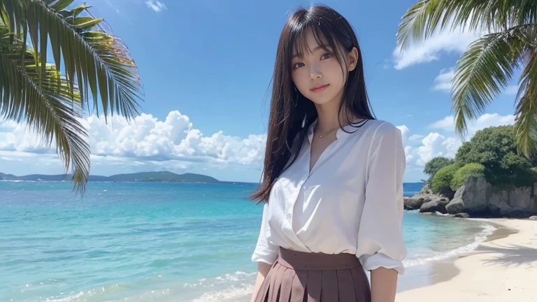 Stand to the right、8K、Detailed Description、Very high definition、Realistic、reality的、Real、live-action、reality、High resolution、Nogizaka46、japanese idol,beautiful girl、21 years old、Dark brown eyes、sunny、summer、blue sky、Beautiful tropical beach view、Back view、look back、smile,closed mouth,cropped shirt,pleated skirt,forehead,silky hair,Straight Hair、light smile,closed mouth,arm behind back,Knee-up-top angle of view、Very black hair、pretty girl、Beauty、Glowing Skin、Glowing Skin、Shiny Hair、Hair blowing in the wind、Very white skin、Heavy makeup、Large Breasts、Slit eyes、Big Eyes、Dark brown eyes、Double eyelids、Don't show your teeth、Parting her bangs、Show your forehead、Put your hands behind your back