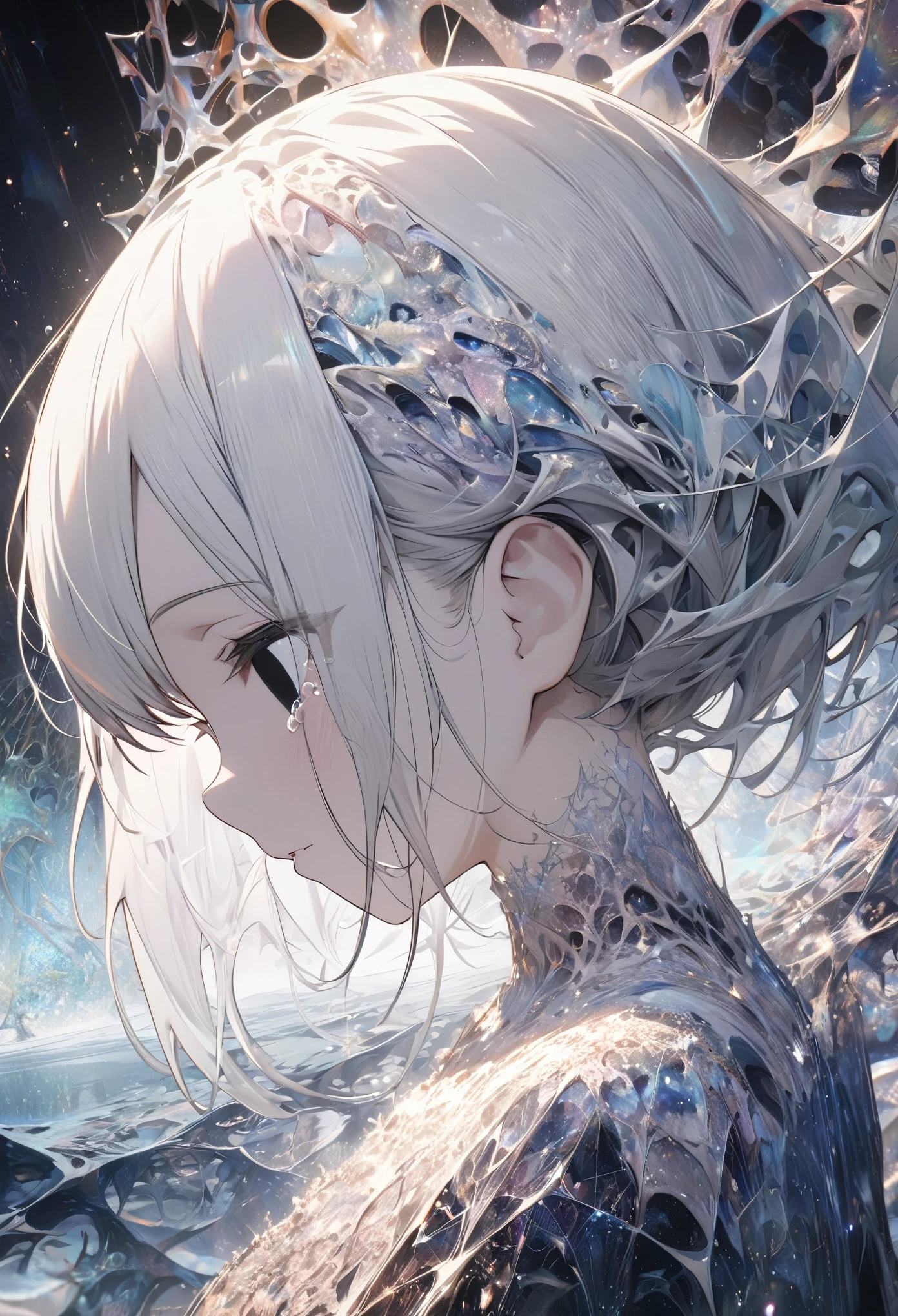 ((Masterpiece)), (Anime:1.3), ((best quality)), (super detail:1.2), (High Definition:1.3), (Professional Photography:1.2), (sharp focus), (perfect light), (abstract art:1.5), (pale color), wide shot, (fractal structure:1.5), (simple white background), landscape, (Beautiful), (Biological atmosphere), deep sea, 1girl, (cute girl), (hollow eyes), tear, ((profile)), beautiful white hair, (Crying), ((eyes trickle down)), glitter, 