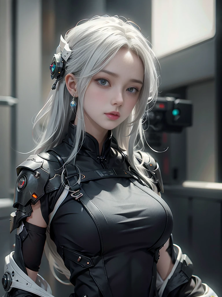 ((best quality)), ((masterpiece)), (detail: 1.4), 3D, Beautiful cyberpunk female character, HDR (High Dynamic Range), Chinese Clothing, satin, Clean and tidy clothes, white hair, Ray tracing, NVIDIA RTX, Super Resolution, Unreal 5, Subsurface scattering, PBR Textures, Post-Processing, Anisotropic filtering, Depth of Field, Maximum Acutance and Acutance, Albedo and Specular Maps, Surface Shading, Accurate simulation of light-matter interactions, Perfect proportions, Octane Rendering, Two-color light, Large aperture, Low ISO, White Balance, Rule of Thirds, 8K Native, Finger detailing, Delicate facial features, Focus on the face