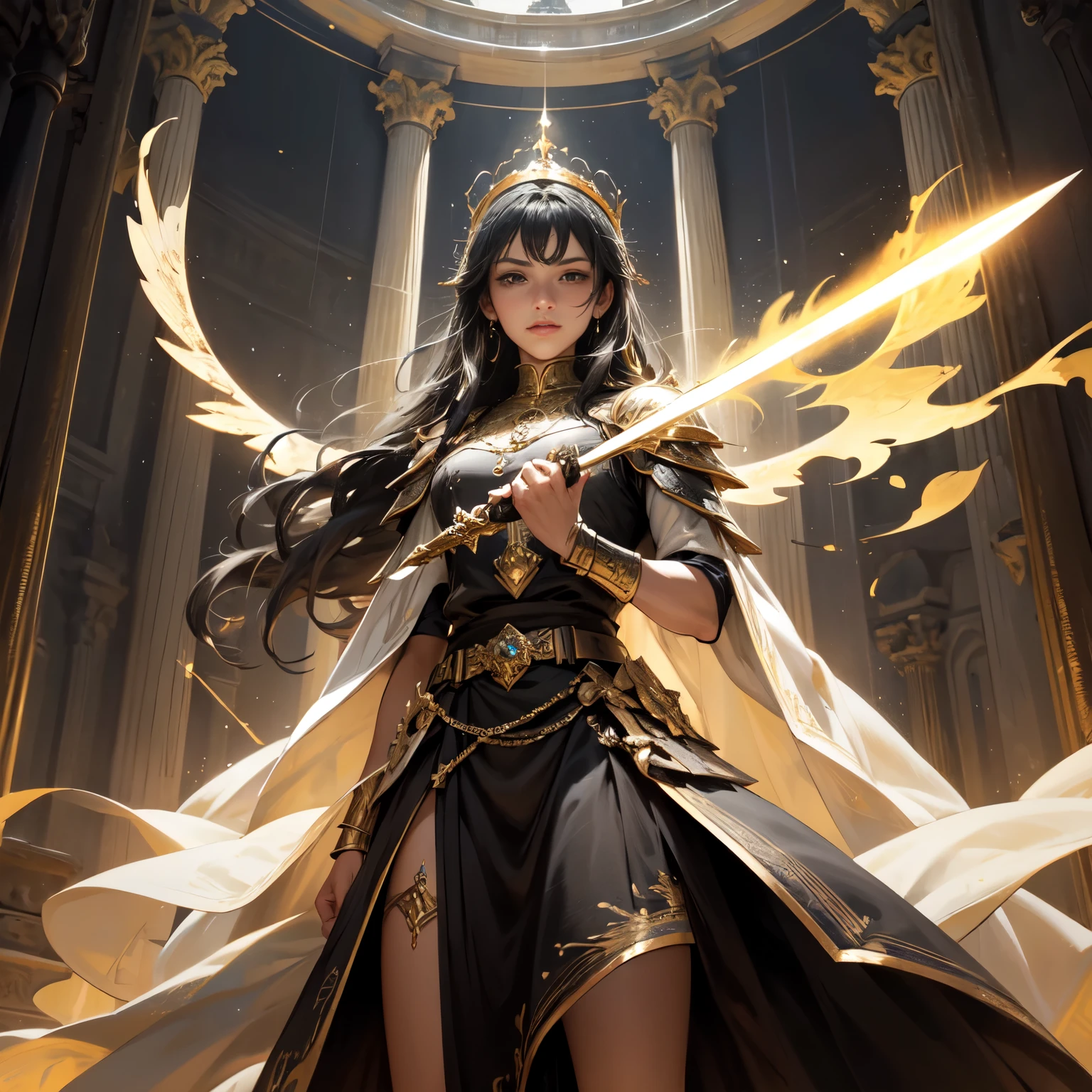 Create an 8K ultra HD digital image of a noble mystical black-haired Seraphin warrior, long and braided, vestido com trajes de batalha da realeza, na torre de vigia do castelo. O guerreiro tem olhos prateados brilhantes e pele clara. He is dressed in black velvet armor with silver and gold accents., Adorned with magical jewels that glow softly. Ele usa uma coroa de prata com pedras preciosas, silver bracelets on her wrists and a magical amulet around her neck. Na torre de vigia, o guerreiro empunha a Espada de Zeus. The sword is made of celestial gold and emits golden rays, with divine inscriptions along the blade that shine brightly. The hilt of the sword is adorned with small rays and lightning., simbolizando seu poder supremo. Ele segura a espada em uma pose de alerta, ready to protect the castle from threats, while electric sparks dance around you. The Sword of Zeus is known for its ability to control thunder and lightning, e uma aura de poder divino emana dela. The watchtower is tall and offers a panoramic view of the kingdom. Sturdy stone walls and small observation windows allow the warrior to monitor the surroundings. A luz do sol entra pelas janelas, creating an environment of surveillance and defense. The image must capture the grandeur and functionality of the watchtower, highlighting the warrior&#39;s interaction with the Sword of Zeus.