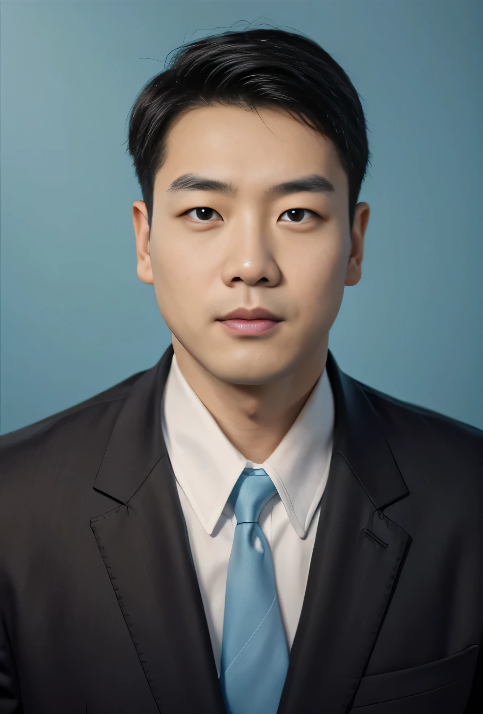 Highly realistic photo, ((masterpiece), (best quality), (raw photo), (photorealistic:1.4), Portrait of Vietnamese man, 35 years old, ((black hair)), ((black suit)), ((light blue background)), photo taken by Sony A7IV
