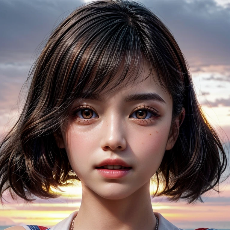 (Acutance:0.85), (Masterpiece Ultra-detailed RAW photorealistic:1.37), Tiny girl、Tropical Beach、evening、Stroll along the beach、(Gazing at the colorful sunset)、(Orange rays illuminating face, close-up:1.4), Gust of wind . (((Extremely detailed NOGIZAKA face))), perfect anatomy, Childish, captivating gaze, elaborate detailed Eyes with (sparkling highlights:1.3), long eyelashes、Glossy RED Lips with beautiful details, Coquettish tongue, Rosy cheeks, (Radiant natural skin) with clear transparency . { (Dynamic joyful expressions) | (:d) }, colorful hair, (no Large eyes).