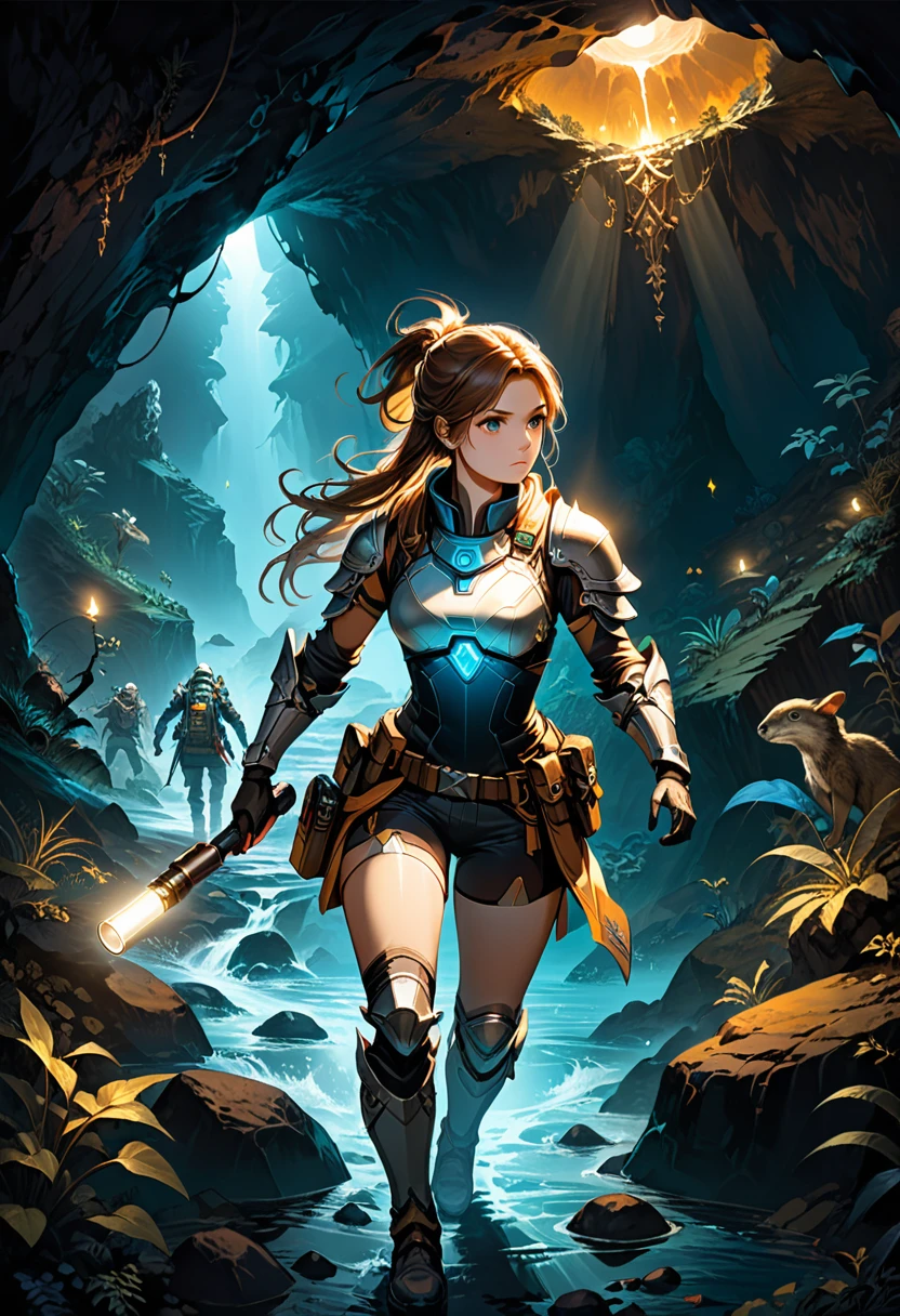 In the dark and deep underground cave, a female warrior dressed in exploration equipment and holding a powerful flashlight is cautiously advancing. She bravely faced unknown creatures and treacherous terrain, searching for hidden treasures, (masterpiece, best quality, Professional, perfect composition, very aesthetic, absurdres, ultra-detailed, intricate details:1.3)