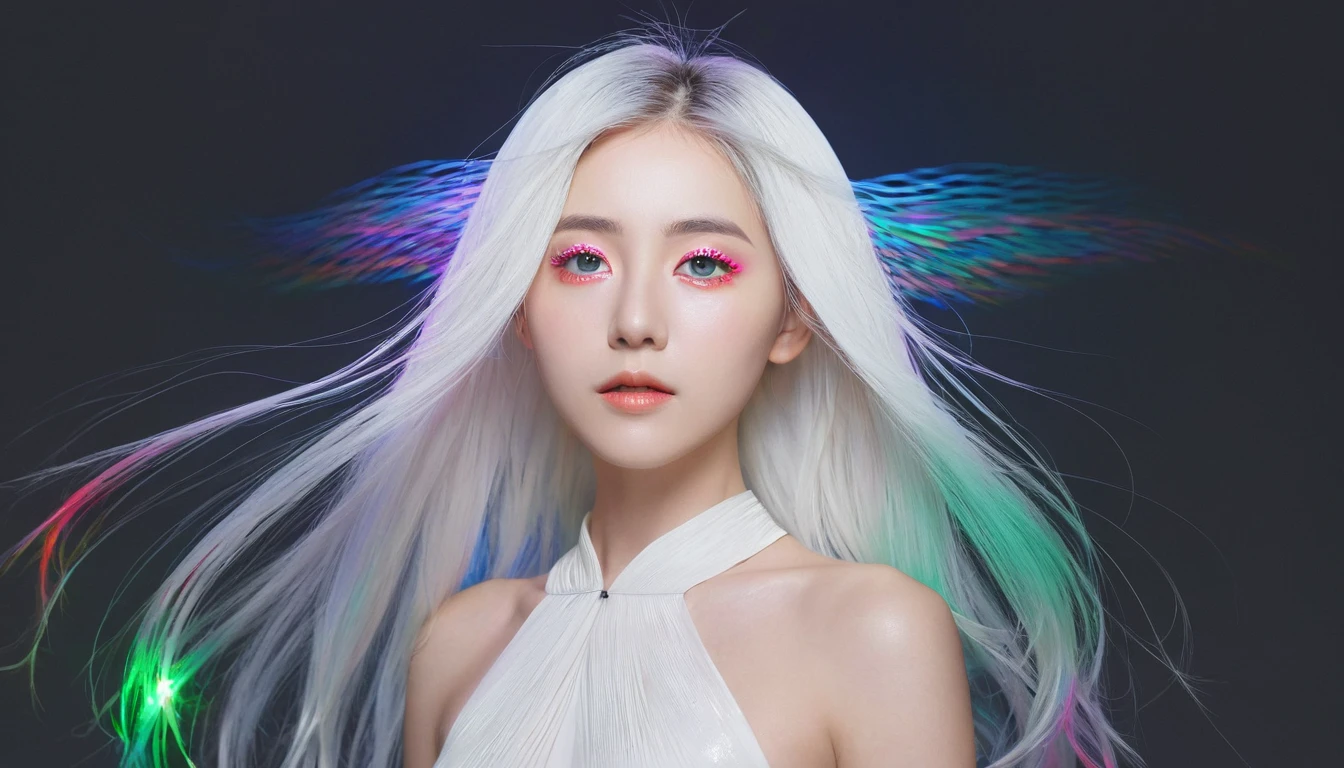 masterpiece, best quality, High_quality, High_solve, masterpiece*Wear, Whitespace, rich and colorful, 1 Girl, Solitary, White_hair, prism hair, [pink|green] Eye, gradient Eye, multicolored Eye, Luminescence Eye, Luminescence, flash, Luminescence White particles, Wind lift, full_Body, Serious,