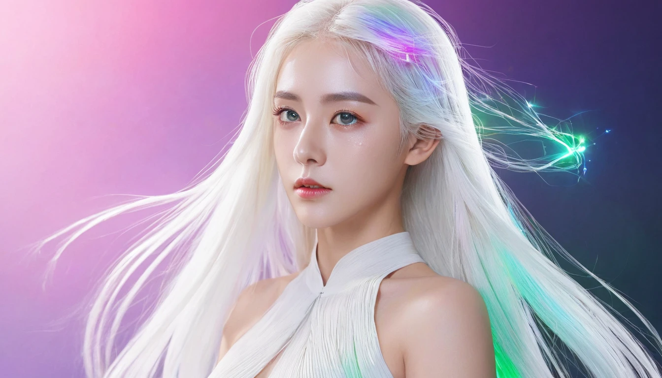 masterpiece, best quality, High_quality, High_solve, masterpiece*Wear, Whitespace, rich and colorful, 1 Girl, Solitary, White_hair, prism hair, [pink|green] Eye, gradient Eye, multicolored Eye, Luminescence Eye, Luminescence, flash, Luminescence White particles, Wind lift, full_Body, Serious,