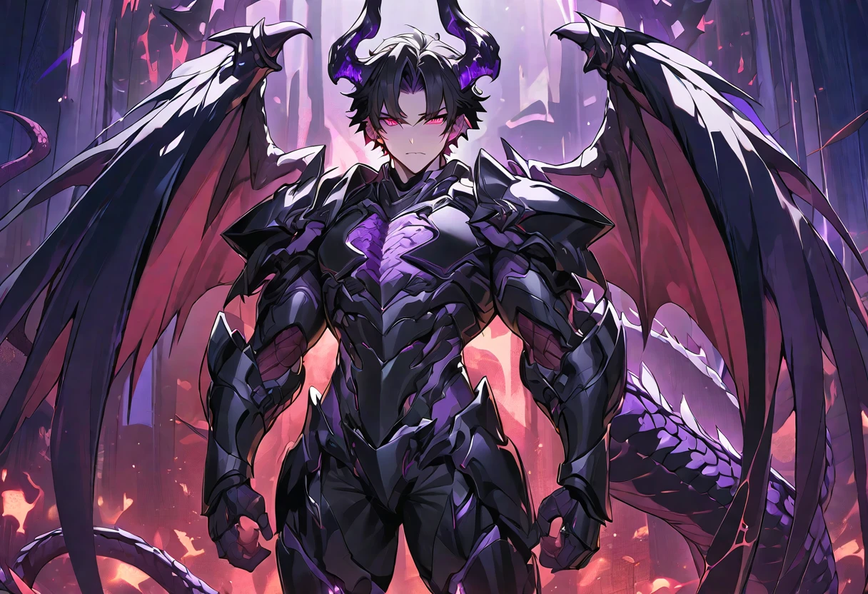 Best quality, One, beautiful, 1 man, with a sporty body, V-shaped body, black detailed armor with glowing purple details, black demonic horns, with large and long dragon wings, short hair, black hair, purple with red tones reptile eyes, purple threads, black light