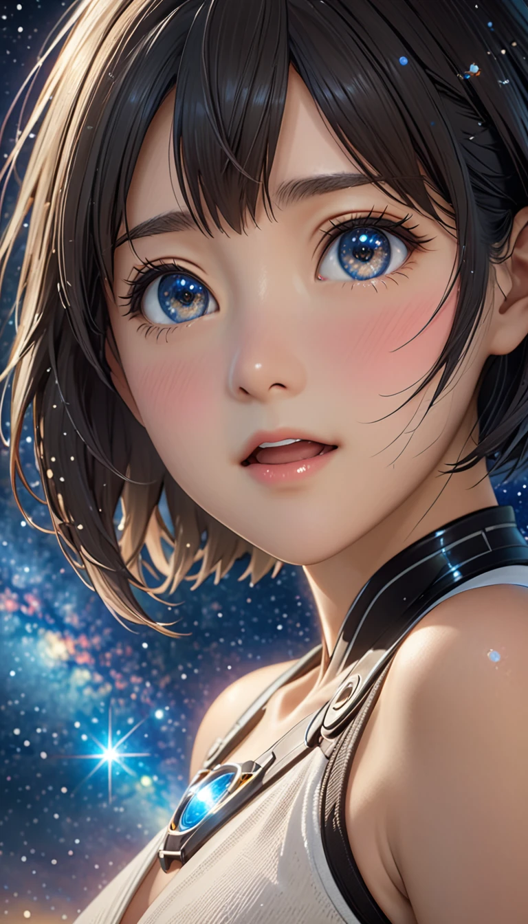 National Science Foundation,masterpiece,High resolution,8K,Art,digit,Three-dimensional,Realism,Kyoto Animation Style,your name movie style,cute,Facing the camera,universe,Milky Way,Planet,(1 female: 1.3),(alone: 1.4),Upper body nudity,Long eyelashes,Long thin legs,Short Bob,Close-up of upper body,Close-up,close view,Starry Sky,Starry Sky般深邃的眼睛,Blushed,shy,shy,open mouth