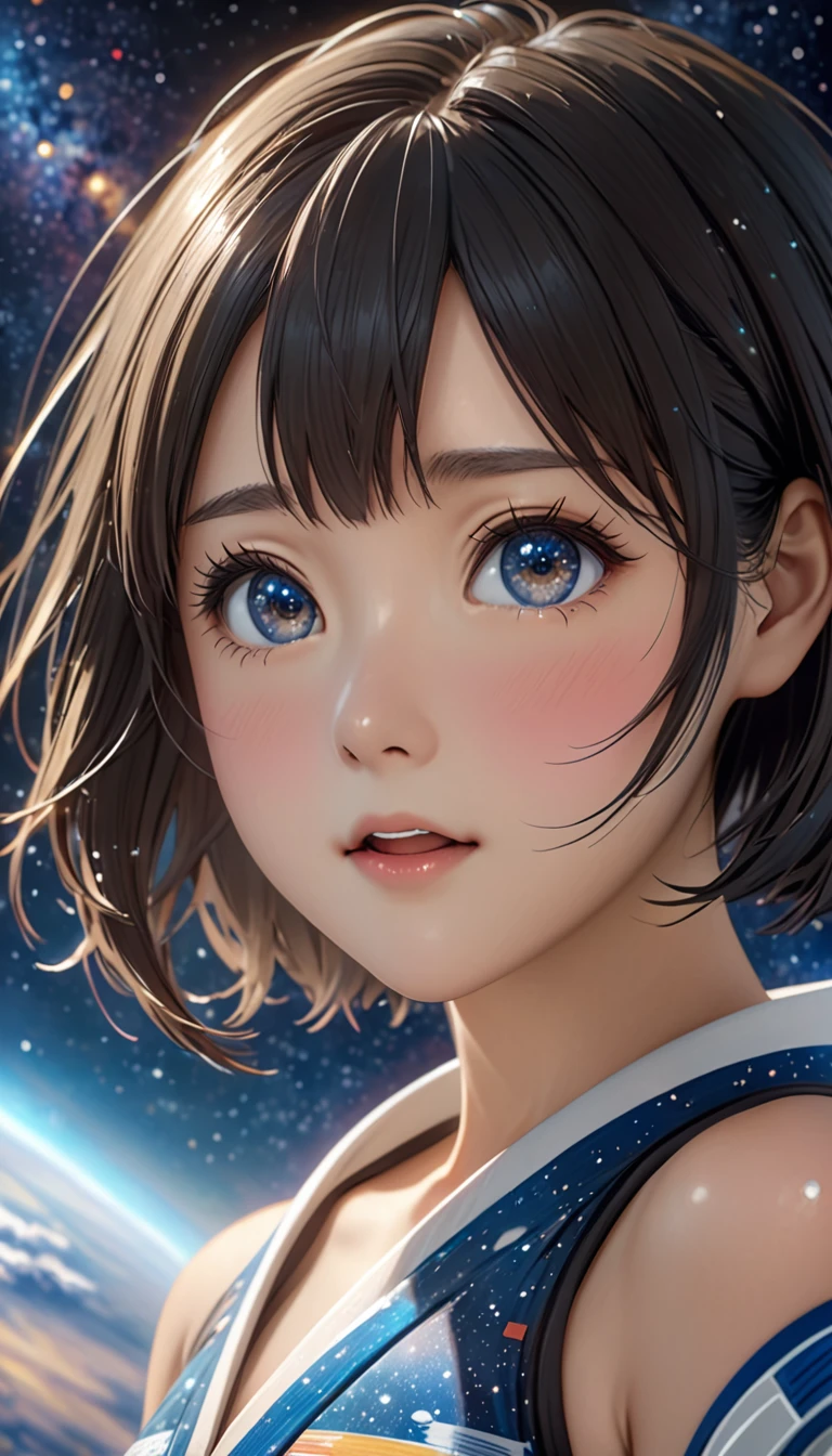 National Science Foundation,masterpiece,High resolution,8K,Art,digit,Three-dimensional,Realism,Kyoto Animation Style,your name movie style,cute,Facing the camera,universe,Milky Way,Planet,(1 female: 1.3),(alone: 1.4),Upper body nudity,Long eyelashes,Long thin legs,Short Bob,Close-up of upper body,Close-up,close view,Starry Sky,Starry Sky般深邃的眼睛,Blushed,shy,shy,open mouth