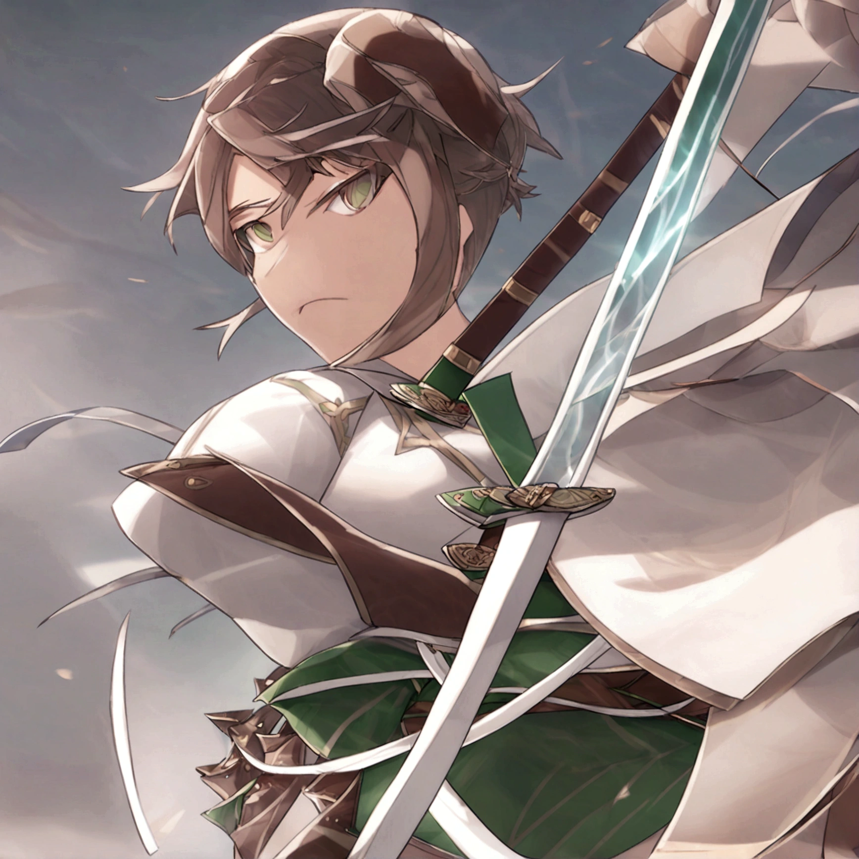 An anime guy from Akame ga Kill with green eyes and brown hair in a white general's cape and a cap with a black cross in the middle walks through the streets of the capital with his sword, the blade of which was black.