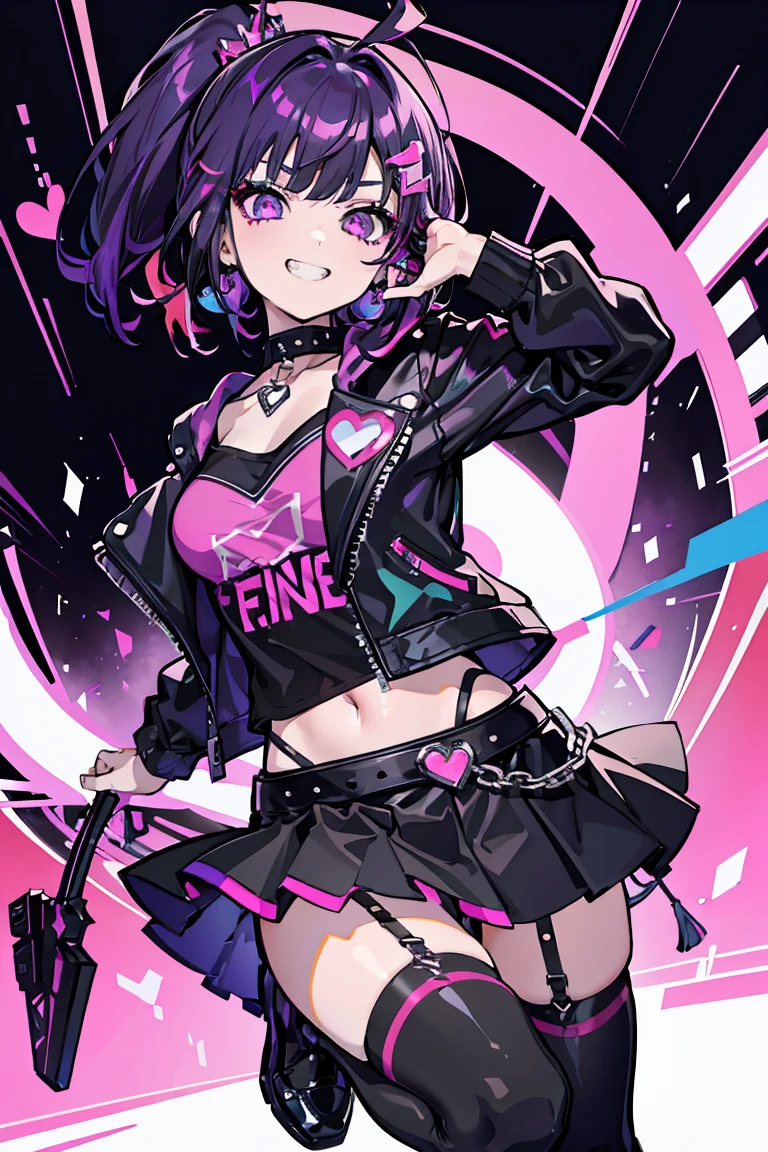 1 girl, Punk Makeup, (hair ornaments),(Grin), Get on both knees, Colorful clothes, Black and purple hair, Short Bob, Low ponytail at back, Leather skirt, Naughty look, Beautiful expression, Pink Eyes, (Hearts in eyes), Cold Background,18-year-old, Colorful Hair, Messy Hair, Romanticism, modern art, Impressionism, reflected light, 8k, masterpiece, Advanced Details, highest quality,