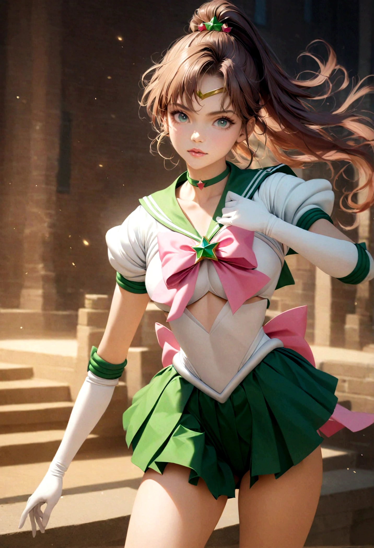 1girl, sailor jupiter, bishoujo senshi sailor moon, elegant detailed eyes, detailed facial features, long eyelashes, beautiful detailed lips, elegant detailed pose, highly detailed, masterpiece, 4k, hyper realistic, photorealistic, cinematic lighting, dynamic composition, intricate details, vibrant colors, soft dreamy atmosphere, magical girl fantasy, upper body shot, SailorJupiter, magical girl,  sailor senshi uniform, leotard, miniskirt, green skirt