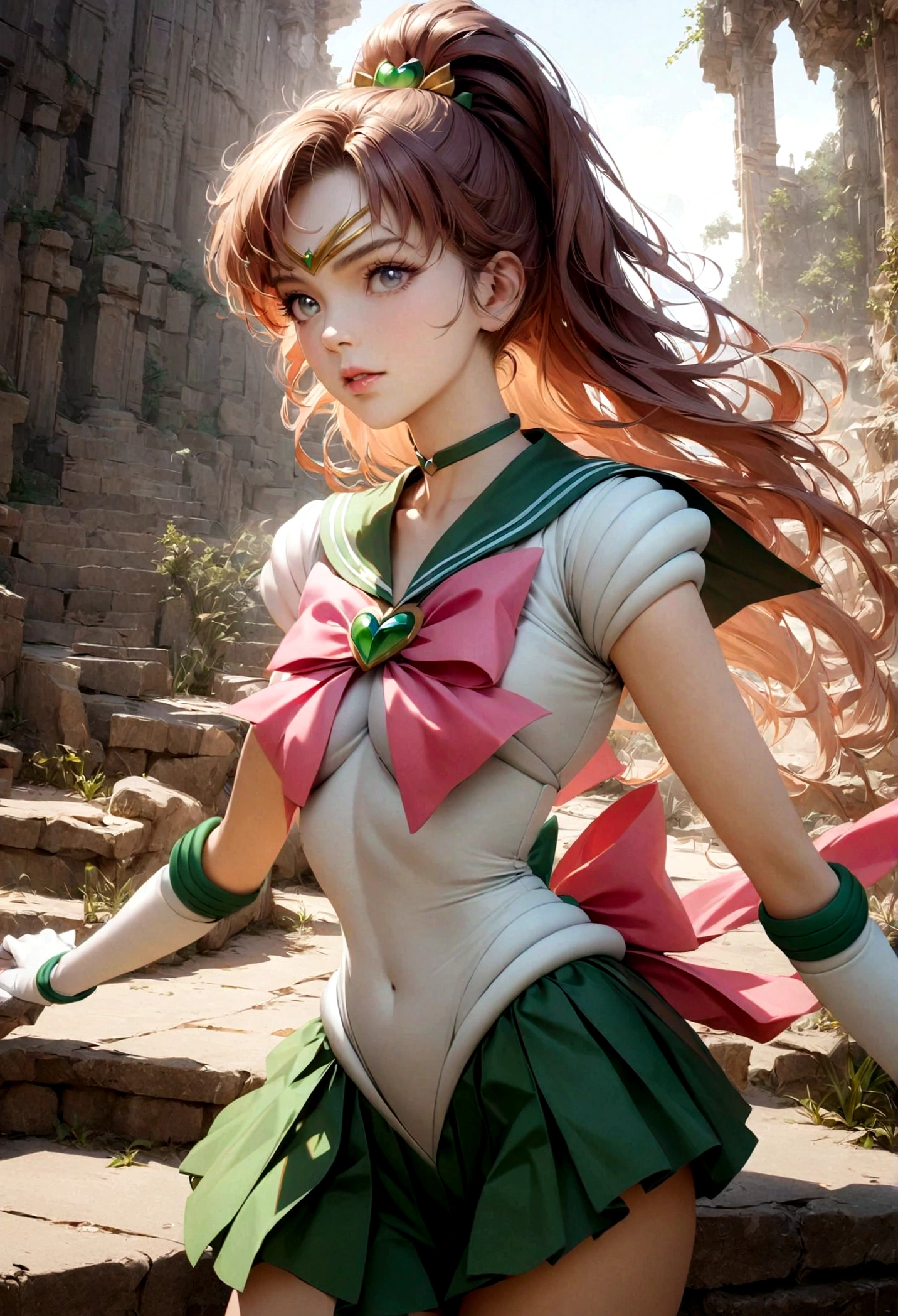 1girl, sailor jupiter, bishoujo senshi sailor moon, elegant detailed eyes, detailed facial features, long eyelashes, beautiful detailed lips, elegant detailed pose, highly detailed, masterpiece, 4k, hyper realistic, photorealistic, cinematic lighting, dynamic composition, intricate details, vibrant colors, soft dreamy atmosphere, magical girl fantasy, upper body shot, SailorJupiter, magical girl,  sailor senshi uniform, leotard, miniskirt, green skirt