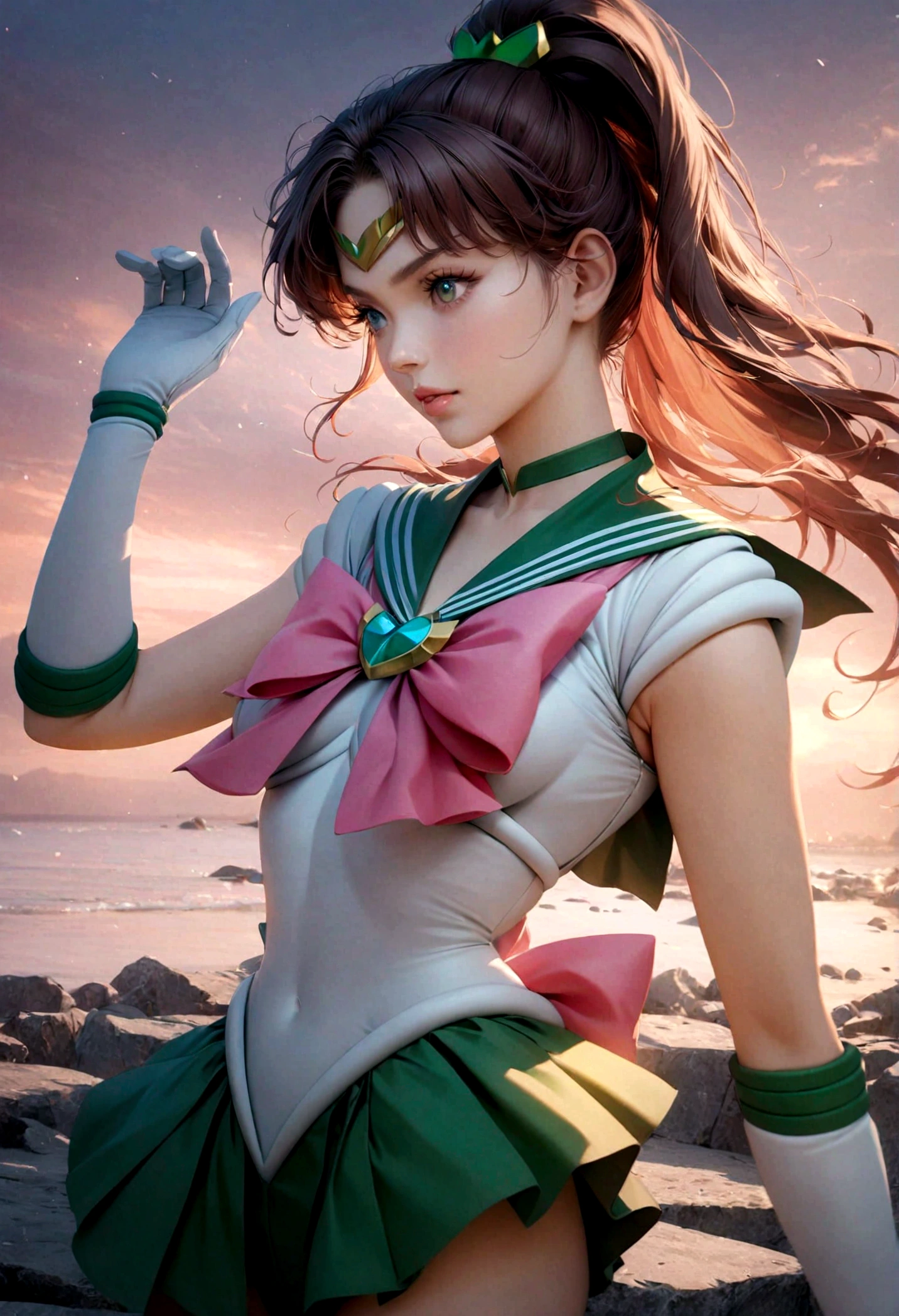 1girl, sailor jupiter, bishoujo senshi sailor moon, elegant detailed eyes, detailed facial features, long eyelashes, beautiful detailed lips, elegant detailed pose, highly detailed, masterpiece, 4k, hyper realistic, photorealistic, cinematic lighting, dynamic composition, intricate details, vibrant colors, soft dreamy atmosphere, magical girl fantasy, upper body shot, SailorJupiter, magical girl,  sailor senshi uniform, leotard, miniskirt, green skirt