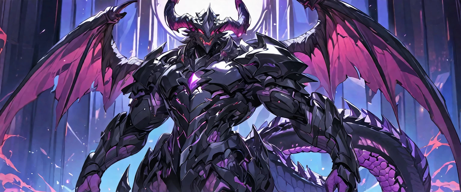 Best quality, One, beautiful, 1 man, with a sporty body, V-shaped body, black detailed armor with glowing purple details, black demonic horns, with large and long dragon wings, short hair, black hair, purple with red tones reptile eyes, purple threads, black light