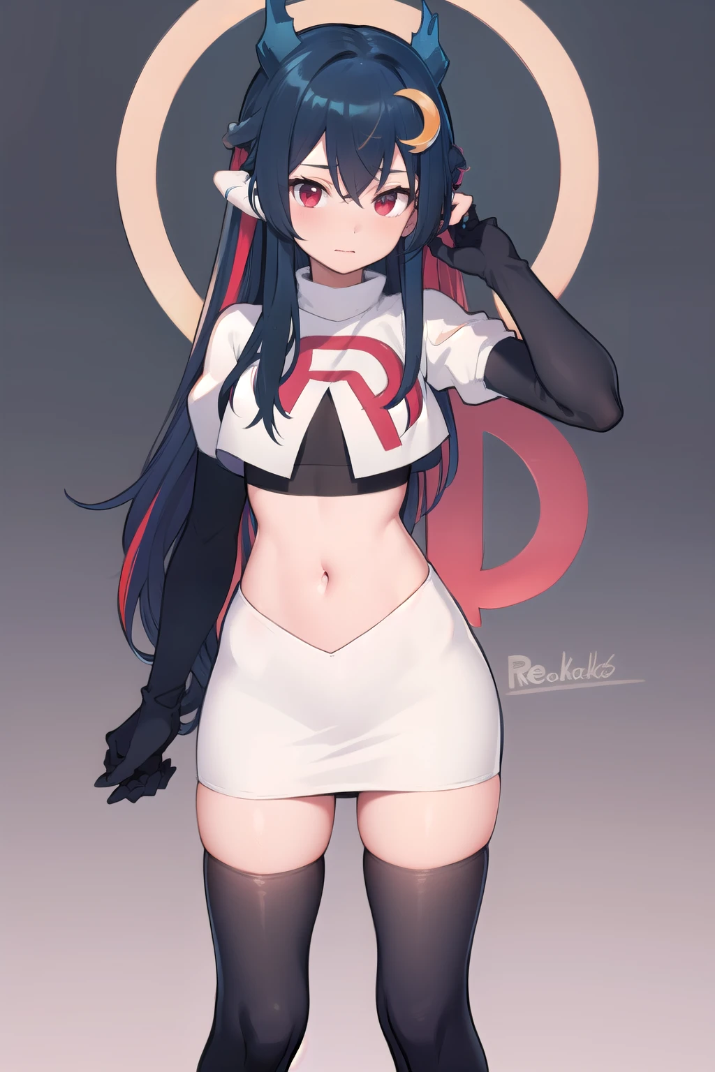 vienna (vtuber), 1girl, bangs, black hair, blue hair, crescent, crescent hair ornament, crossed bangs, dragon girl, dragon horns, gradient hair, hair between eyes, hair ornament, horns, long hair, looking at viewer, multicolored hair, red eyes, solo, standing, very long hair, team rocket,team rocket uniform,white skirt,red letter R,crop top,black thigh-highs,black elbow gloves
