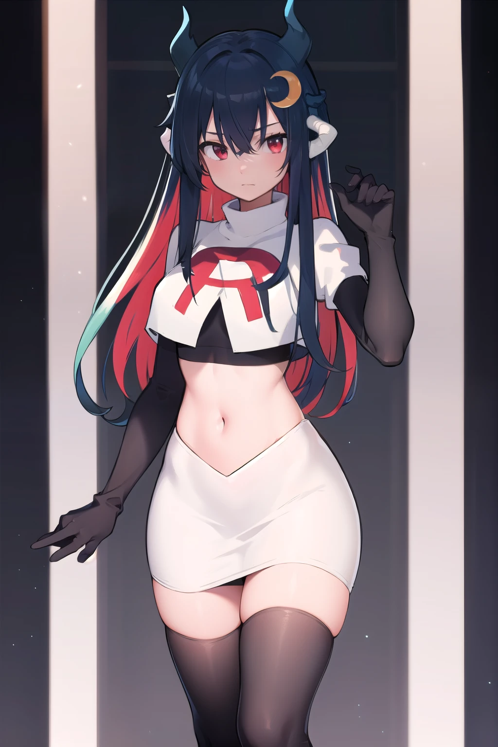 vienna (vtuber), 1girl, bangs, black hair, blue hair, crescent, crescent hair ornament, crossed bangs, dragon girl, dragon horns, gradient hair, hair between eyes, hair ornament, horns, long hair, looking at viewer, multicolored hair, red eyes, solo, standing, very long hair, team rocket,team rocket uniform,white skirt,red letter R,crop top,black thigh-highs,black elbow gloves
