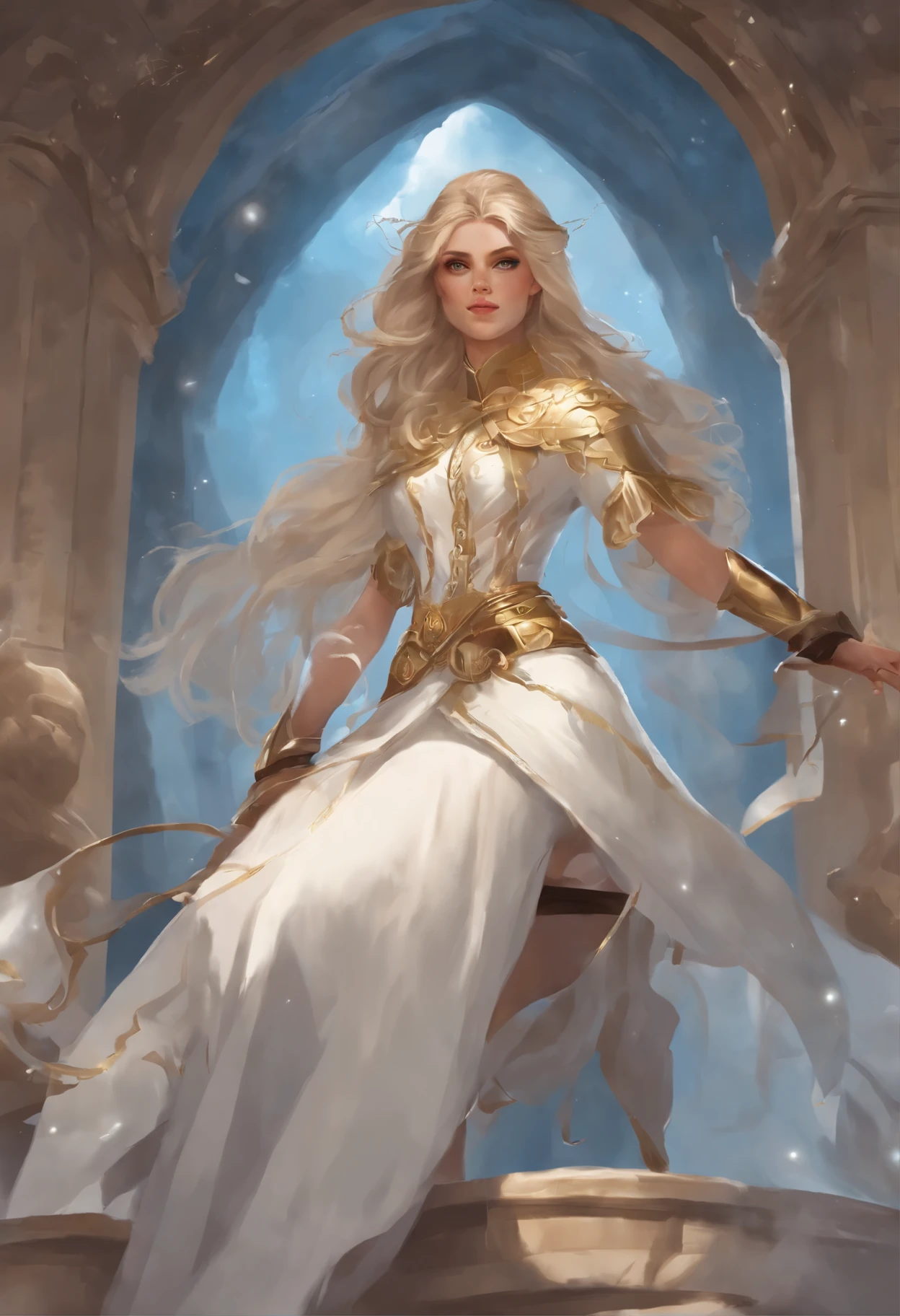 Hero , cabelo longo, cabelo branco, olhos dourados, SUPERGRL, head, face, magic, absurdos, Obra de arte, melhor qualidade, magic costume, ((mahou shoujo)), cabelo curto, desolation, Ruins, dynamic pose, apocalipse, spell, Estilo-vidro, tiro de corpo inteiro