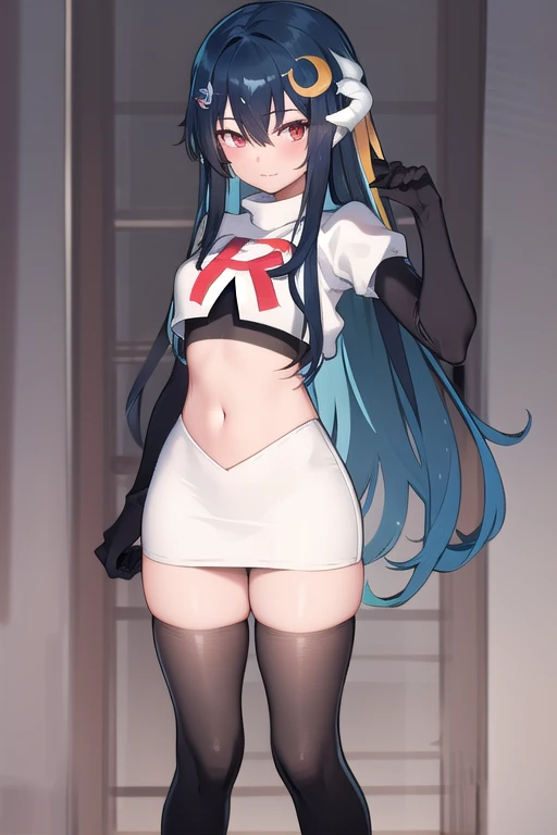 vienna (vtuber), 1girl, bangs, black hair, blue hair, crescent, crescent hair ornament, crossed bangs, dragon girl, dragon horns, gradient hair, hair between eyes, hair ornament, horns, long hair, looking at viewer, multicolored hair, red eyes, solo, standing, very long hair, team rocket,team rocket uniform,white skirt,red letter R,crop top,black thigh-highs,black elbow gloves
