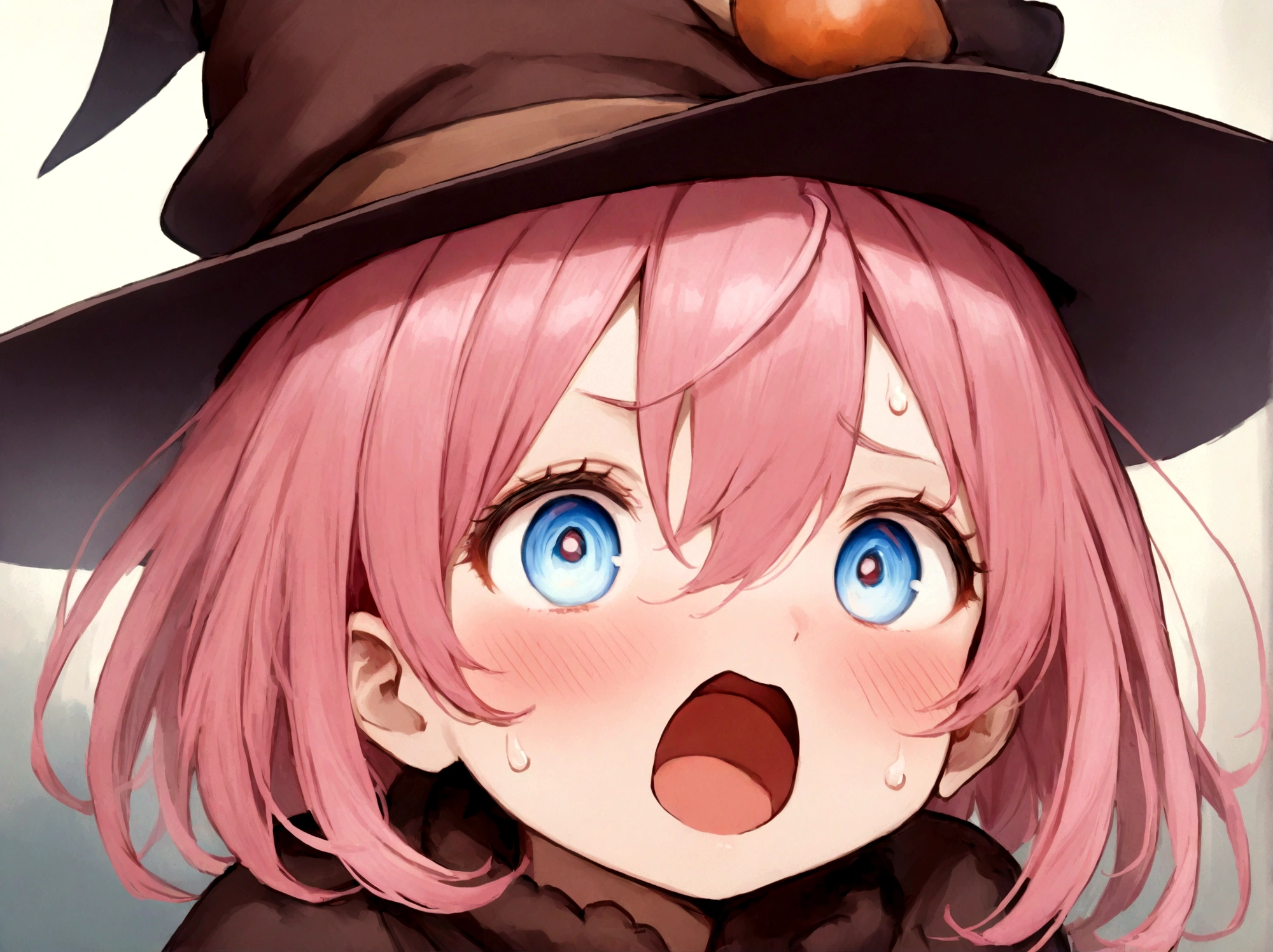 highest quality,Little, handsome female witch, Beautiful Witch, Highly detailed realistic eyes,Wizard's Hat,Wizard Tricorn Hat, Pink Hair,Short fine hair,bangs,Hair between the eyes,Ahoge,hair ornaments, Surprised face,blush,(Open your mouth,(Open your mouth wide),shout),Sweat,大量のSweat, Blue eyes,No pupil,View Viewer, V-shaped eyebrows, Cat's Tail, Spread your arms wide,Spread your legs wide,Standing against a brick wall, (((Panorama, Aerial view, Distant view))),Vision,Shooting from a distance,