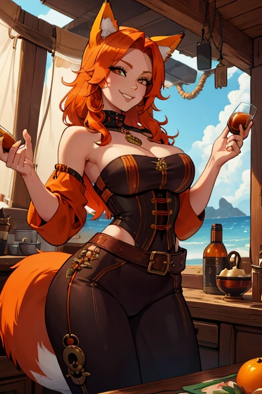 A orange haired fox woman with copper eyes and an hourglass figure and orange fox ears and an orange foxy tail in a pirate outfit is counting treasure in a captain's cabin in the pirate ship with a big smile