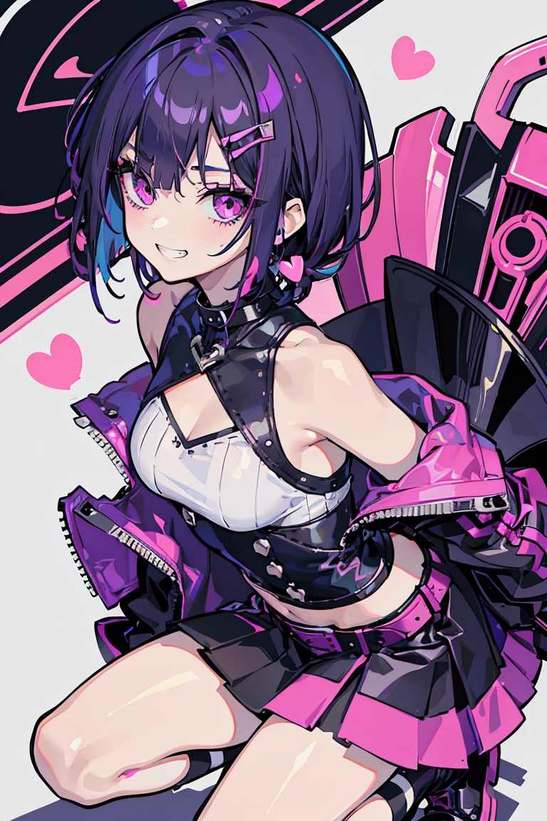 1 girl, Punk Makeup, (hair ornaments),(Grin),blush, Sexy ass, Colorful clothes, Black and purple hair, Short Bob, Low ponytail at back, Leather skirt, Naughty look, Beautiful expression, Pink Eyes, (Hearts in eyes), Pop Background,18-year-old, Colorful Hair, Messy Hair, Romanticism, modern art, Impressionism, reflected light, 8k, masterpiece, Advanced Details, highest quality,