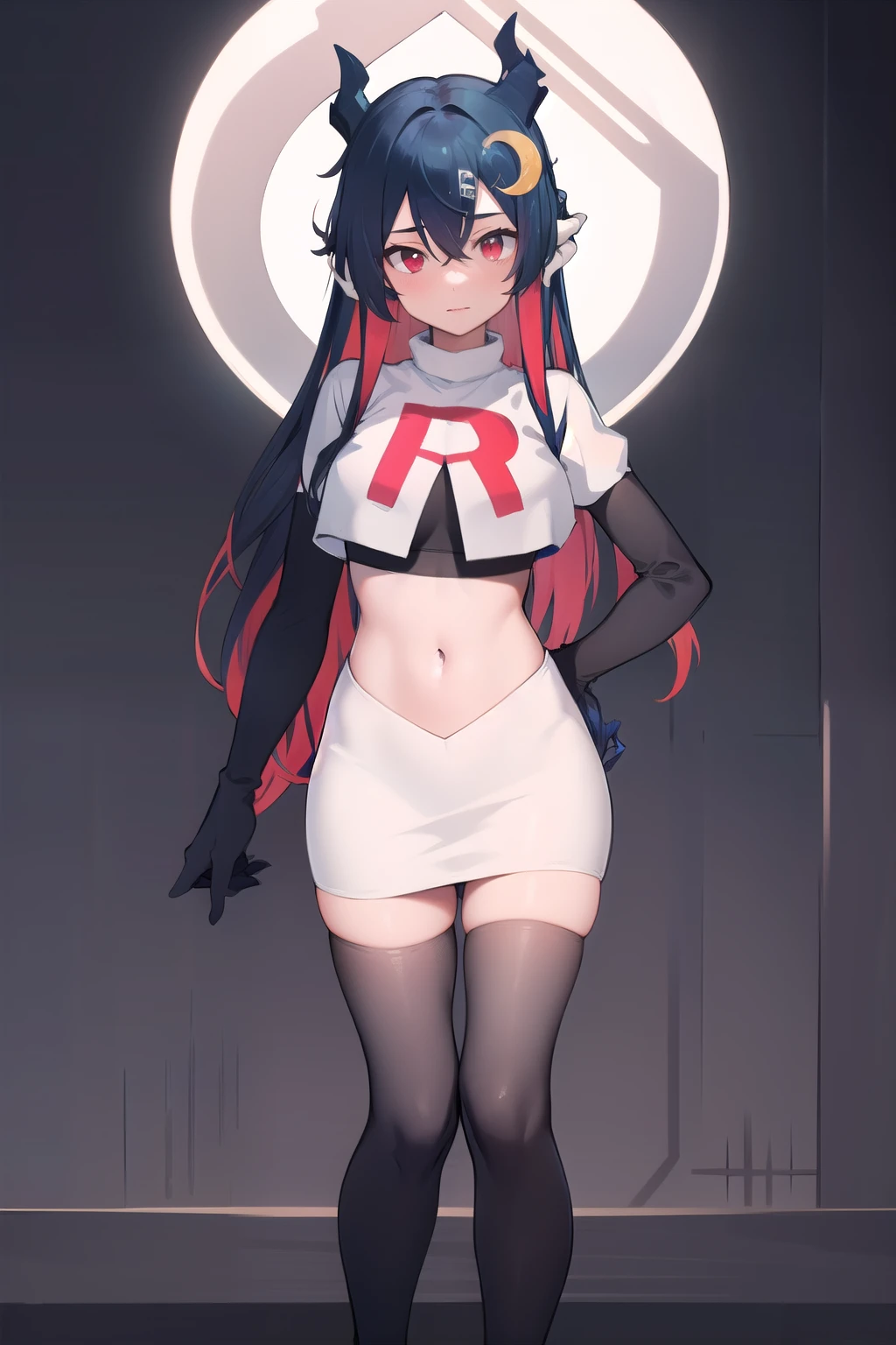 vienna (vtuber), 1girl, bangs, black hair, blue hair, crescent, crescent hair ornament, crossed bangs, dragon girl, dragon horns, gradient hair, hair between eyes, hair ornament, horns, long hair, looking at viewer, multicolored hair, red eyes, solo, standing, very long hair, team rocket,team rocket uniform,white skirt,red letter R,crop top,black thigh-highs,black elbow gloves
