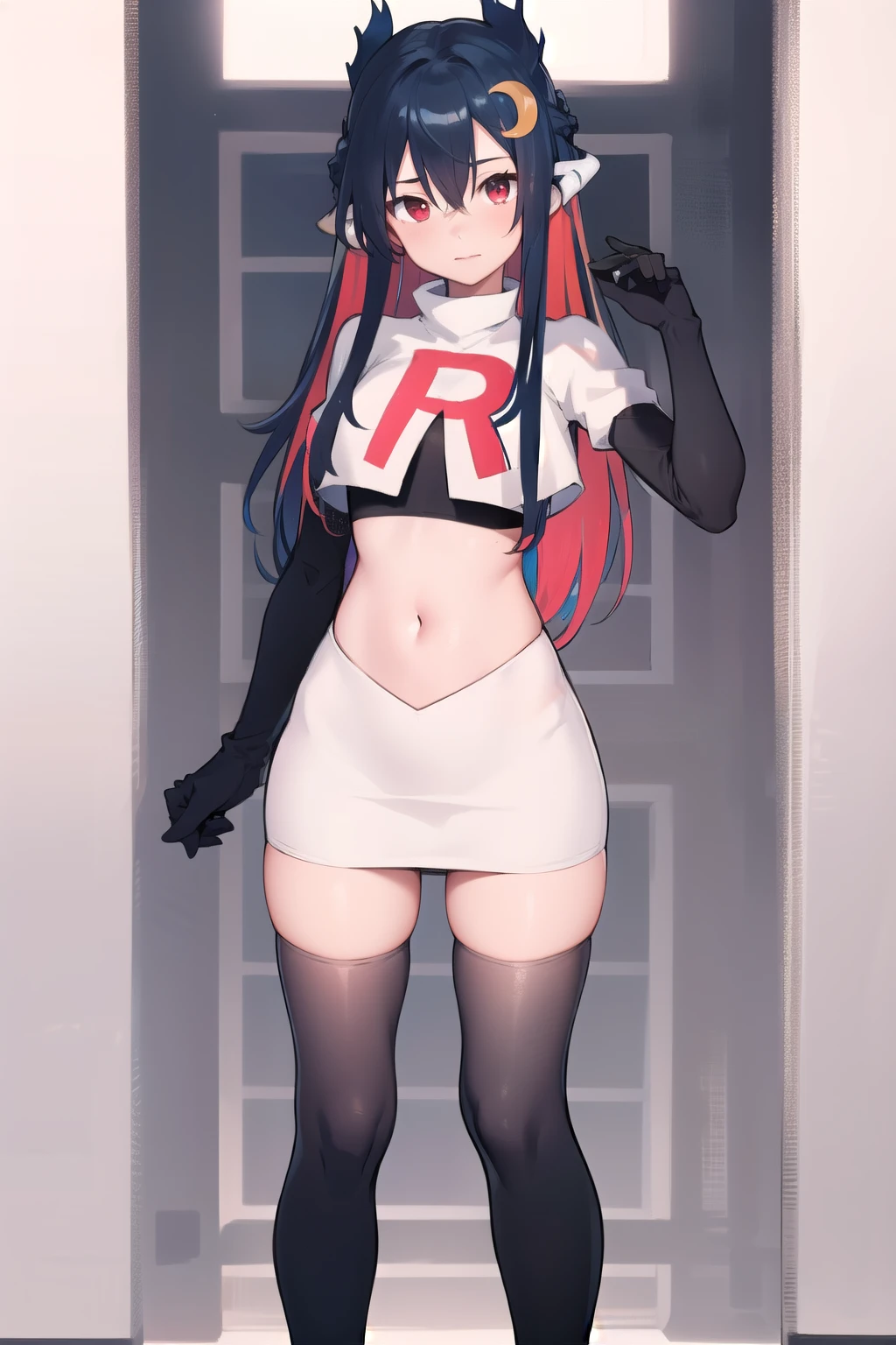 vienna (vtuber), 1girl, bangs, black hair, blue hair, crescent, crescent hair ornament, crossed bangs, dragon girl, dragon horns, gradient hair, hair between eyes, hair ornament, horns, long hair, looking at viewer, multicolored hair, red eyes, solo, standing, very long hair, team rocket,team rocket uniform,white skirt,red letter R,crop top,black thigh-highs,black elbow gloves
