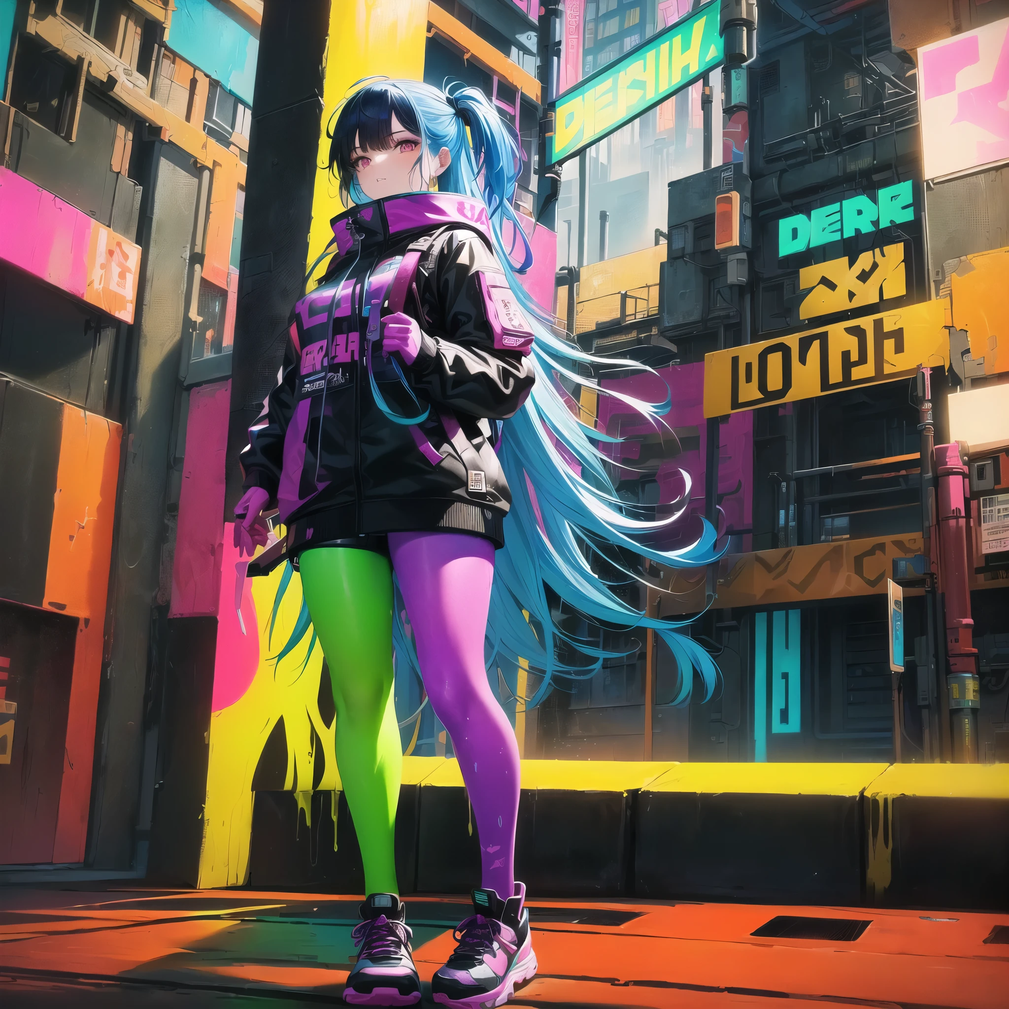 painting of a woman with a backpack walking At the factory, stood At the factory, Industrial Color, At the factory, Cyberpunk Vibrant Colors, Woman in a dark factory, inspired by Tomokazu Matsuyama, Dripping neon paint, Colorful dystopian futurism, Vivid neon ink painting, Painting by Android Jones, Dreamy and colorful cyberpunk colors, Industrial art style, Inspired by Derek Gorez
