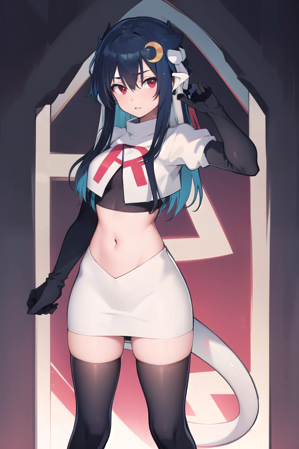 vienna (vtuber), 1girl, bangs, black hair, blue hair, crescent, crescent hair ornament, crossed bangs, dragon girl, dragon horns, gradient hair, hair between eyes, hair ornament, horns, long hair, looking at viewer, multicolored hair, red eyes, solo, standing, very long hair, team rocket,team rocket uniform,white skirt,red letter R,crop top,black thigh-highs,black elbow gloves
